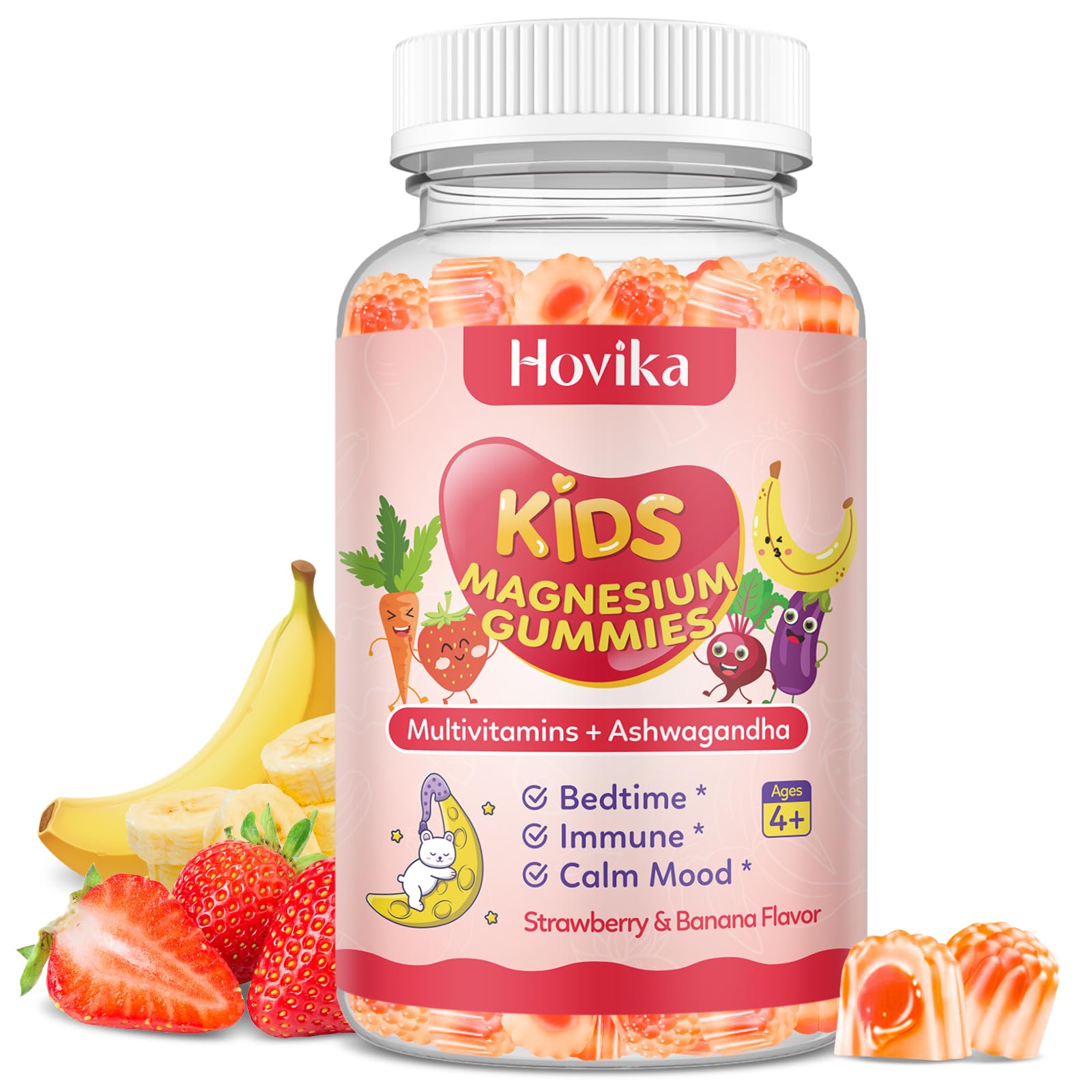 Kids Magnesium Gummies - Magnesium Glycinate Supplement Gummies with L-Theanine, Chamomile & Multivitamins for Sleep, Calm & Focus - Strawberry Banana Center-Filled Gummies 60 ct Strawberry & Banana 60 Count (Pack of 1)