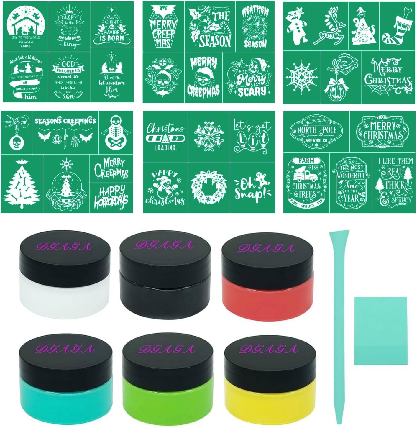 DGAGA 14PCS Christmas Silk Screen Stencils,Chalk Paste and Transfers Stencil Winter Stencils Self Adhesive Stencils Reusable for Painting on Wood,Fabric,Home Decor,Chalk Paste Paint Mini Squeegees Set