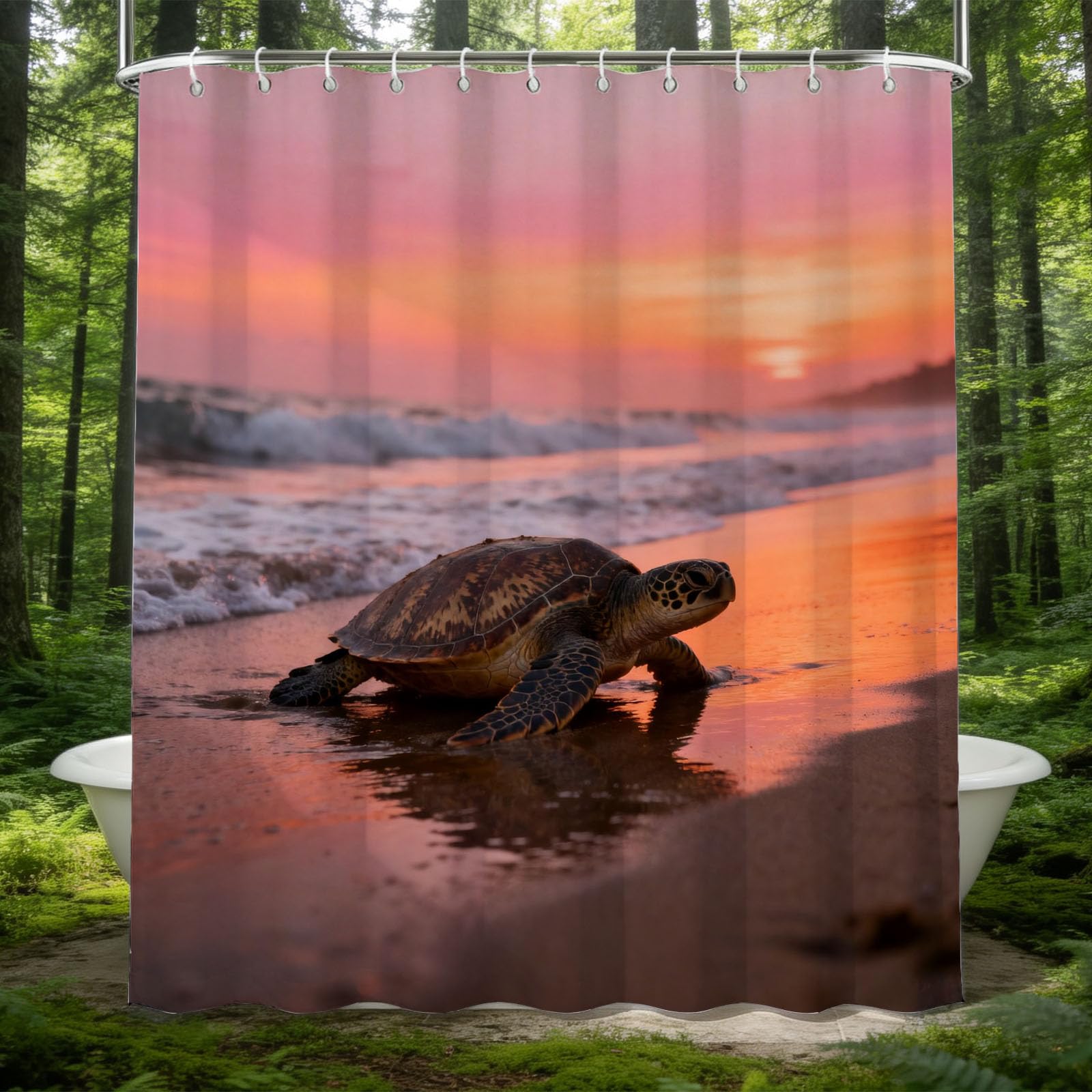 Hongduo 3D Sunset Turtle Shower Curtain for Stalls Bathtubs Healing Bathroom Decor Shower Curtain Set Polyester Fabric Waterproof 120x180cm/48X71 Inch with Hooks