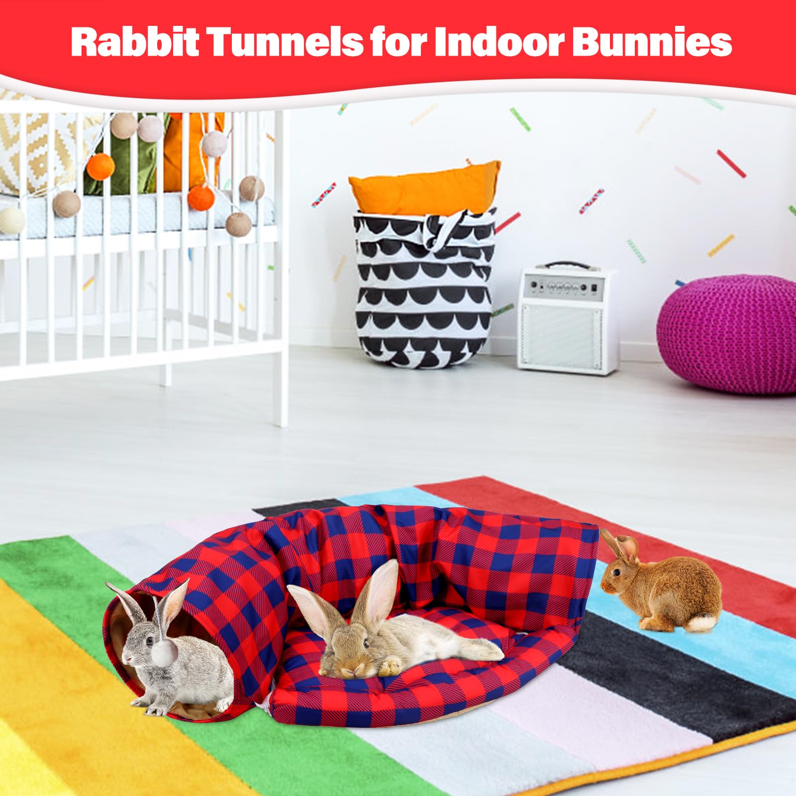 BWOGUE Tunnel lit pour lapin, 2 en 1 - Tunnel pliable avec tapis amovible pour chats, chatons, lapins, cochons d'Inde, chatons (carreaux rouges)