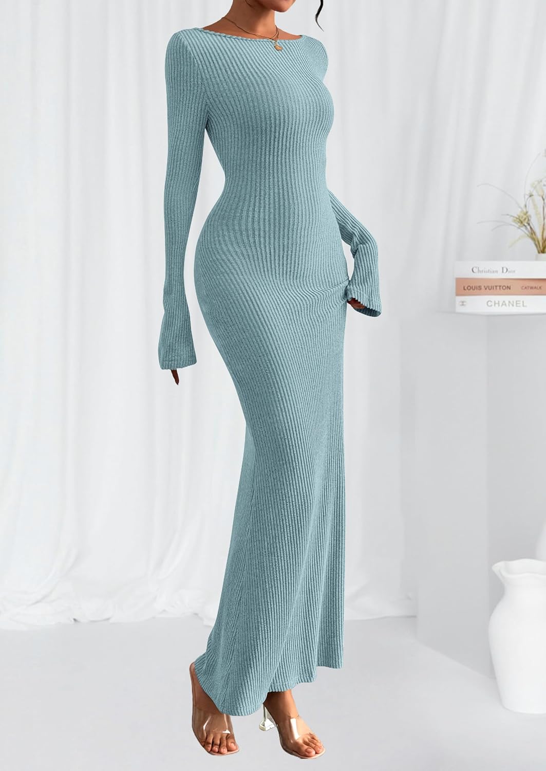 PRETTYGARDEN Women's Fall Fashion 2026 Long Sleeve Maxi Dress Ribbed Knit Boat Neck Bodycon Casual Dresses Going Out Outfits - Image 3