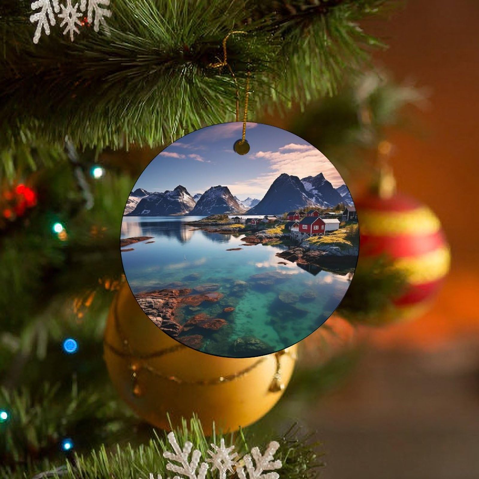 2025 Christmas Ceramic Hanging Ornament 2.8" Round Xmas Tree Decorations Norway Islands Keepsake Ornaments with Gold Rope for Fireplace Holiday Party Decoration