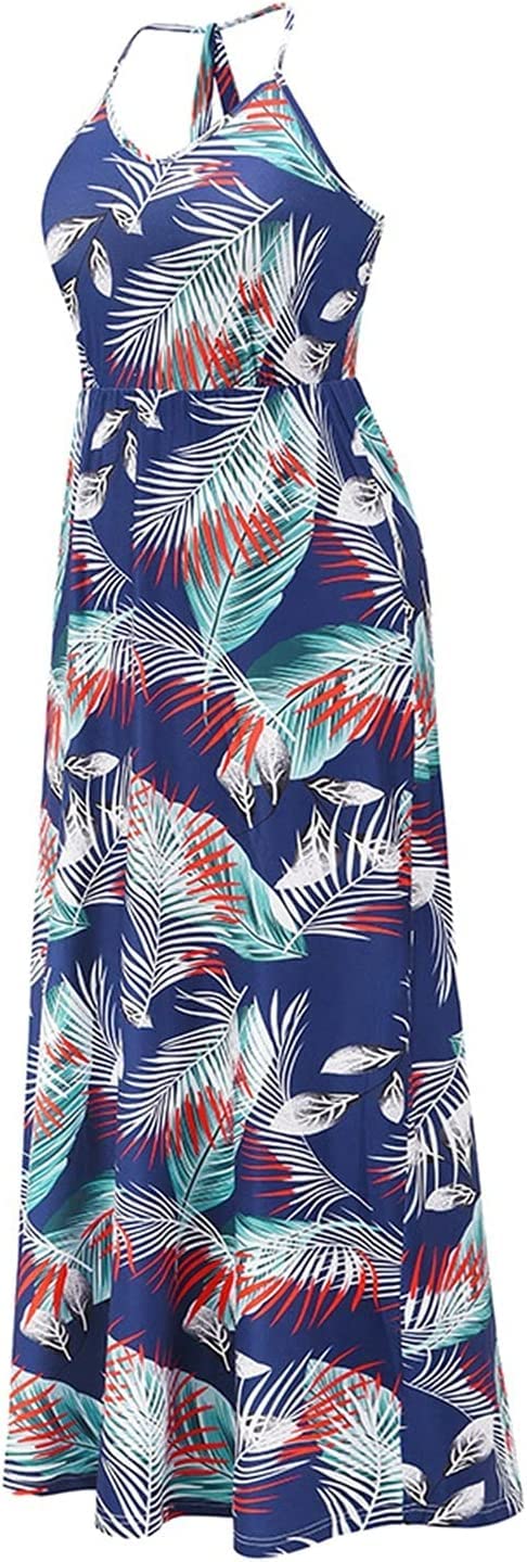 Verstellbarer Ersatz-Schultergurt, Handtaschenträger, Damen-Sommerkleid, rückenfrei, lässig, mit Blumenmuster, Spaghettiträger, Blumenmuster, langes Maxikleid, Sommerkleider (Farbe: Blau, Größe: L) (
