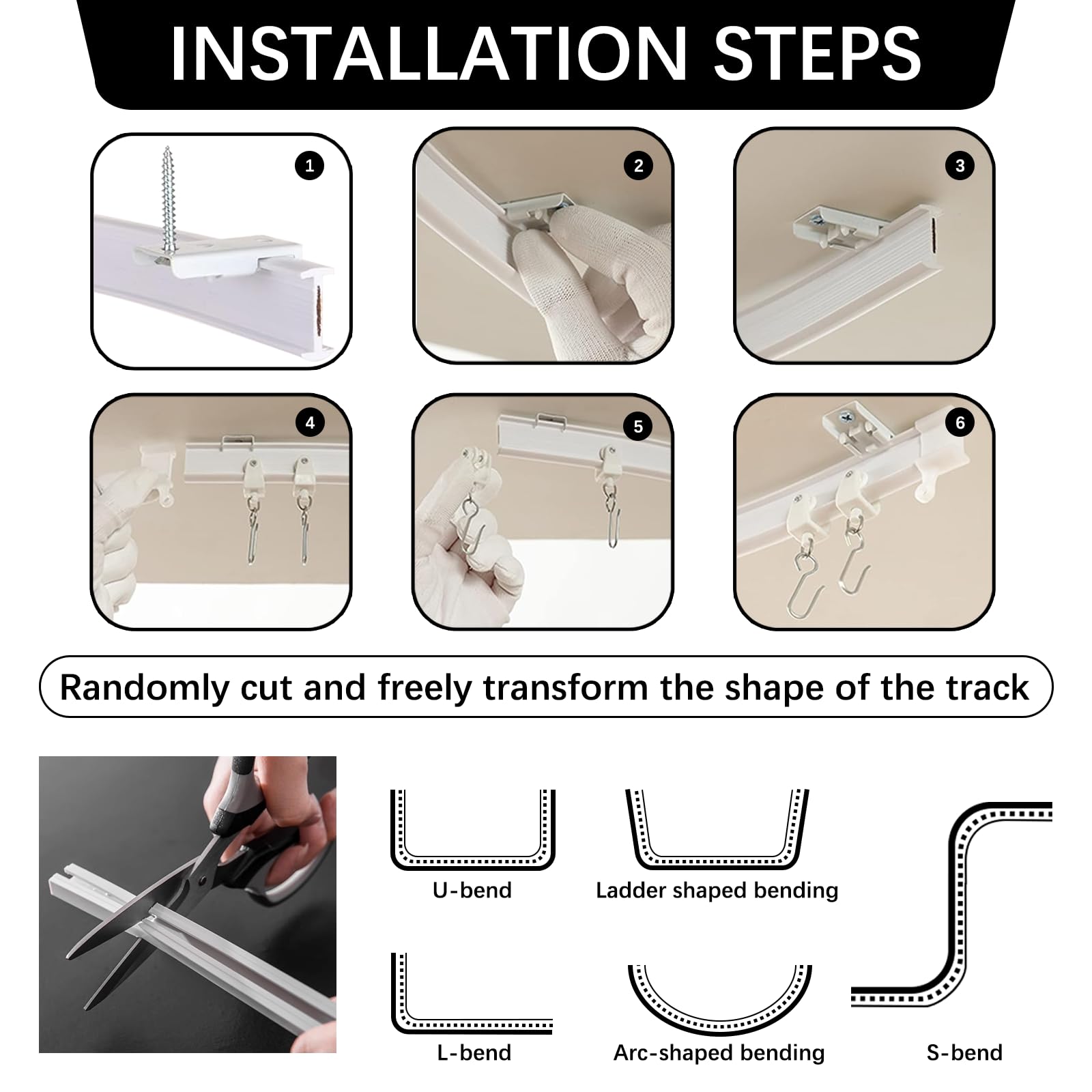 Binario flessibile per tenda da soffitto, 10 m, con ruote silenziose, ideale per finestre della doccia, divisori per camper, privacy e decorazione per la casa, bianco