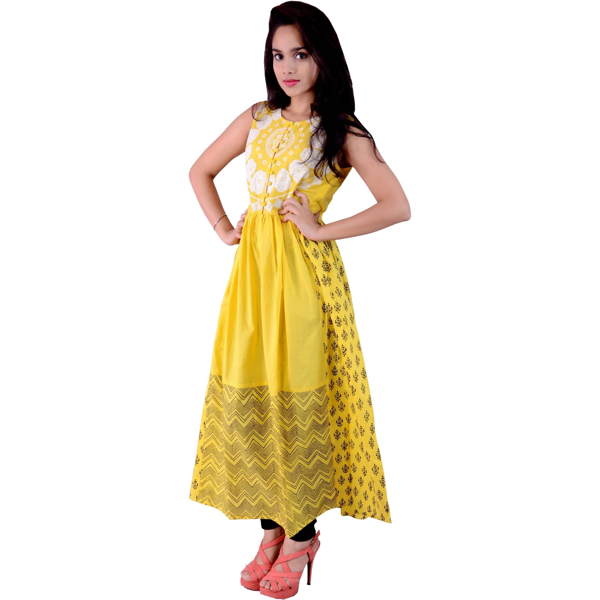 Sleeves Less Block Print Long Women Kurta - (Yellow, Small)-image-22