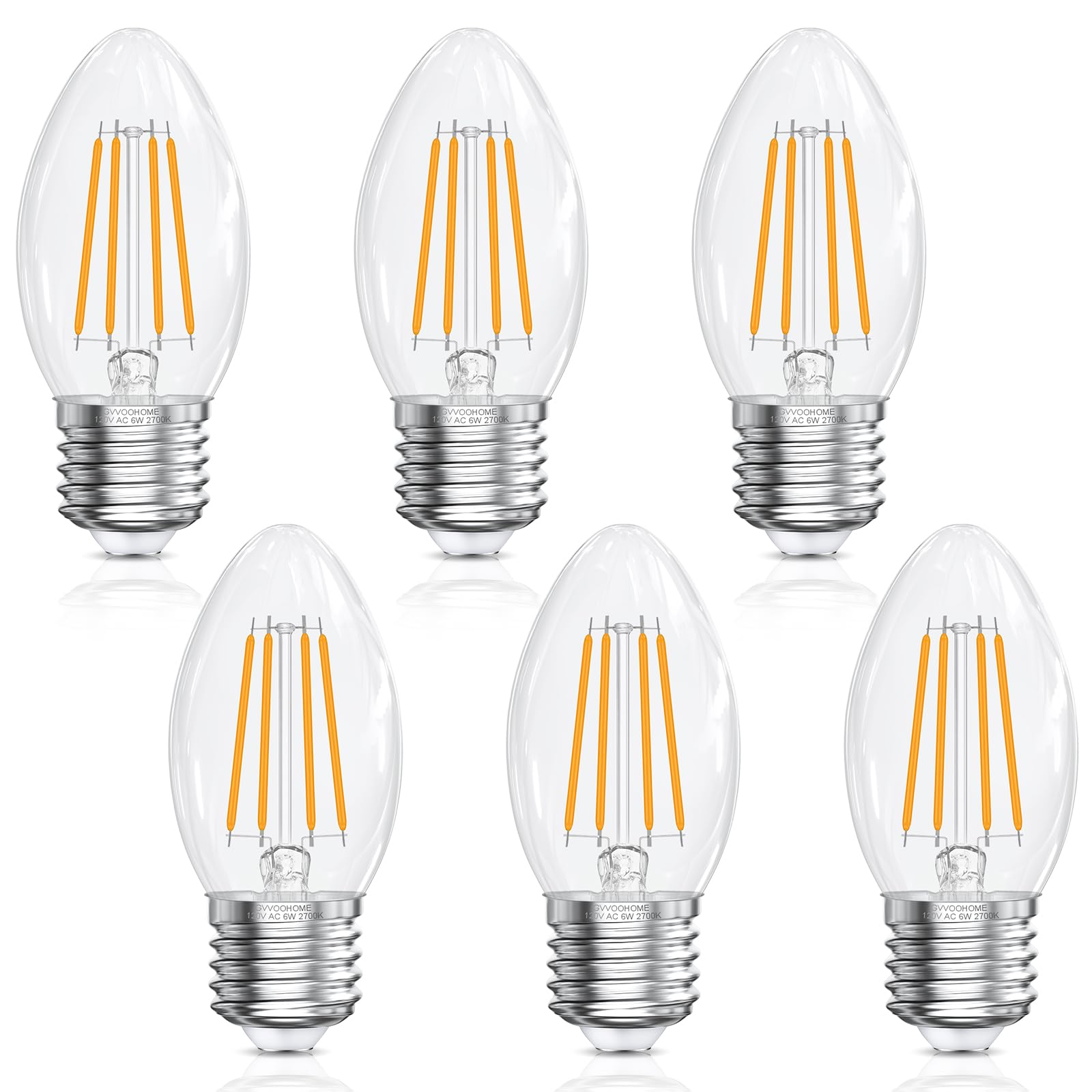 LED Candelabra Bulbs B10 E26 Base 2700K Soft White 6W 60 watt Equivalent 600LM Clear Glass Candle Shape