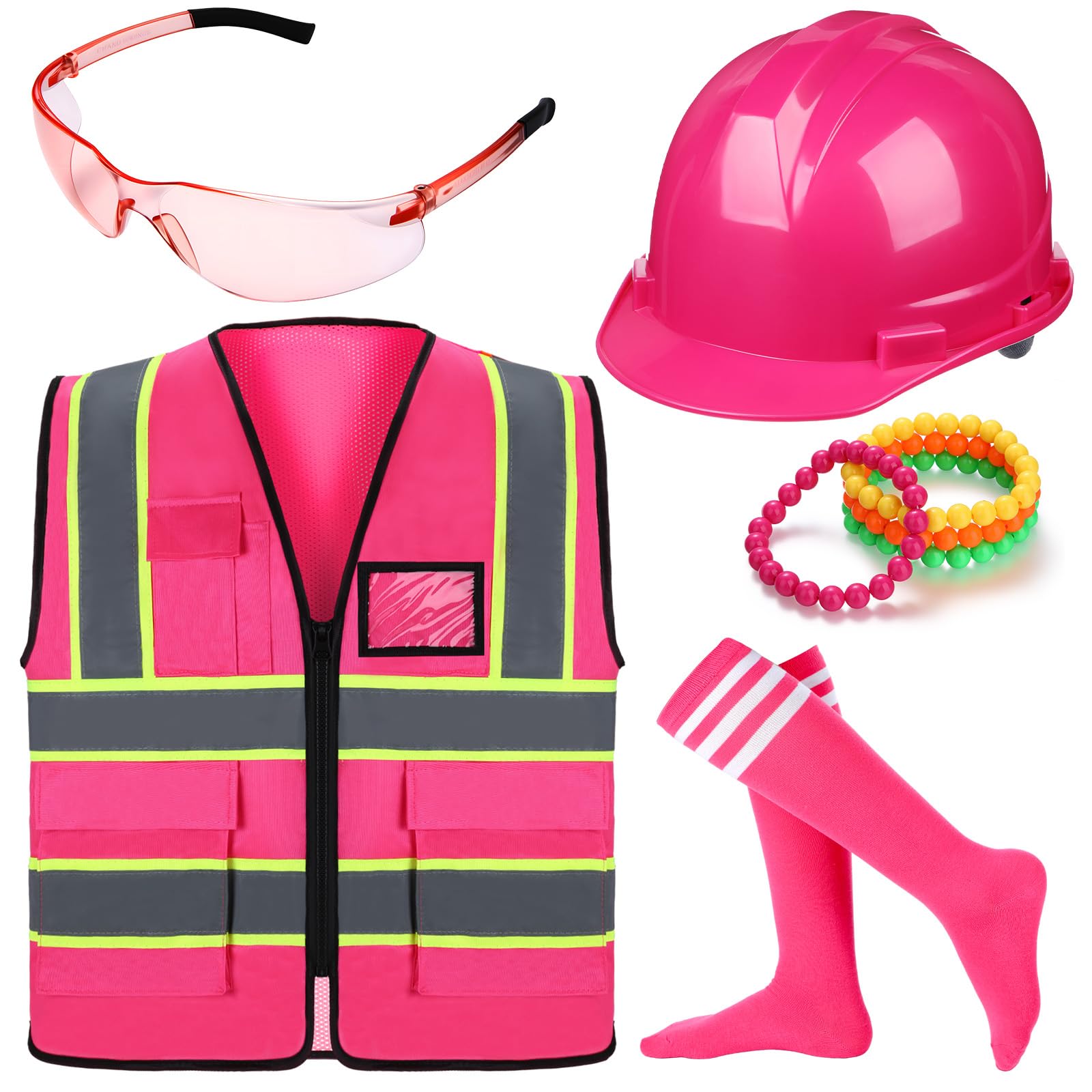 Photo 1 of ** MISSING PIECES ONLY HAS HARD HAT AND VEST ** Geiserailie 9 Pcs Neon Construction Worker Costume Reflective Vest Hat Glasses Bracelet Socks for Women Football Spirit Week (Rose Red)