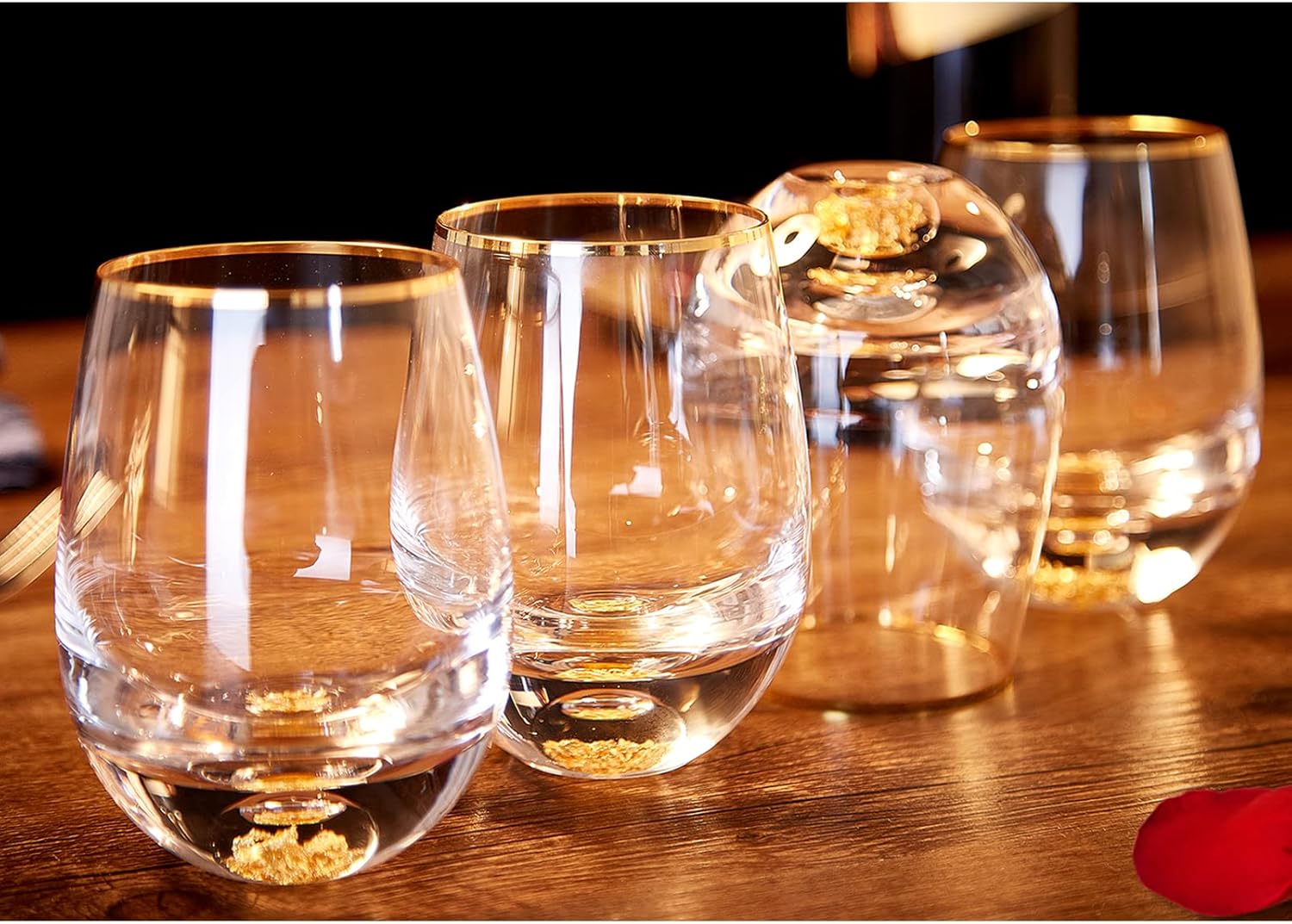 DUJUST Stemless Wine Glasses Set of 4 (14oz), Crystal Wine Glasses Decorated with 24K Gold Leaf Flakes, for Red & White Wine, Personalized & Unique Wine Sets Gifts for Women/Men- 4 pcs