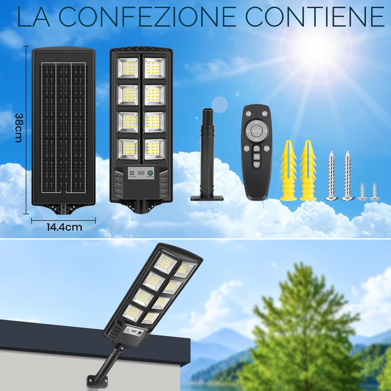 Lampione Solare Esterno 2 Pezzi, 6000K Lampione LED con Pannello Solare, Faro Stradale Esterno IP66 Impermeabile Luce Solari con Sensore di Movimento e Telecomando per Giardino Sentieri