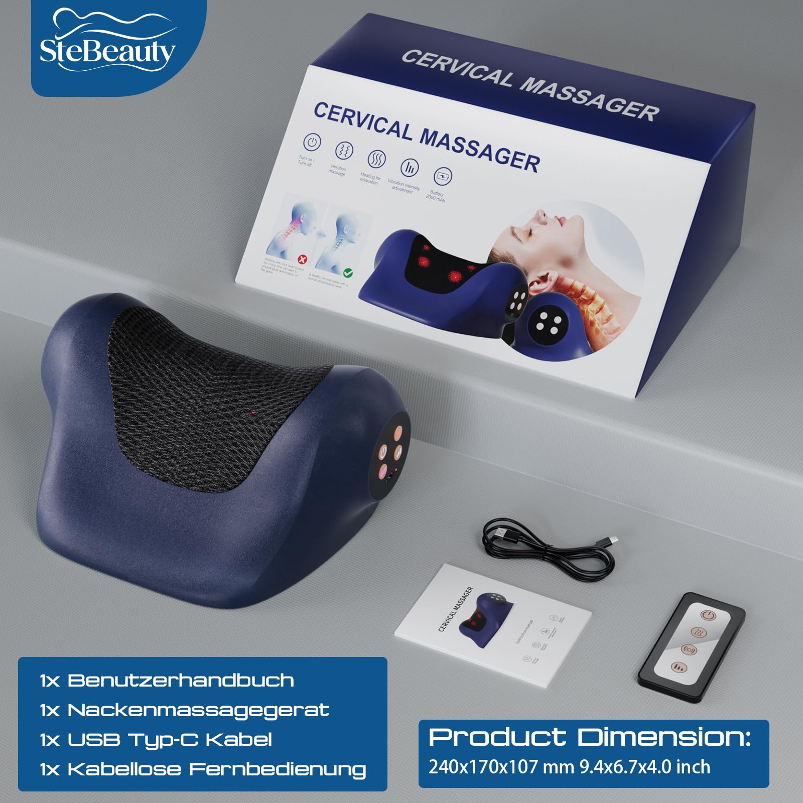 Nackenmassagegerät mit Wärme 3 Temperaturen (41-45°C), 3 Vibrationsmodi kabellos U-Form ergonomisch lindert Nacken Schulter & Rückenschmerzen Massagekissen, Geschenk für Damen Herren Eltern