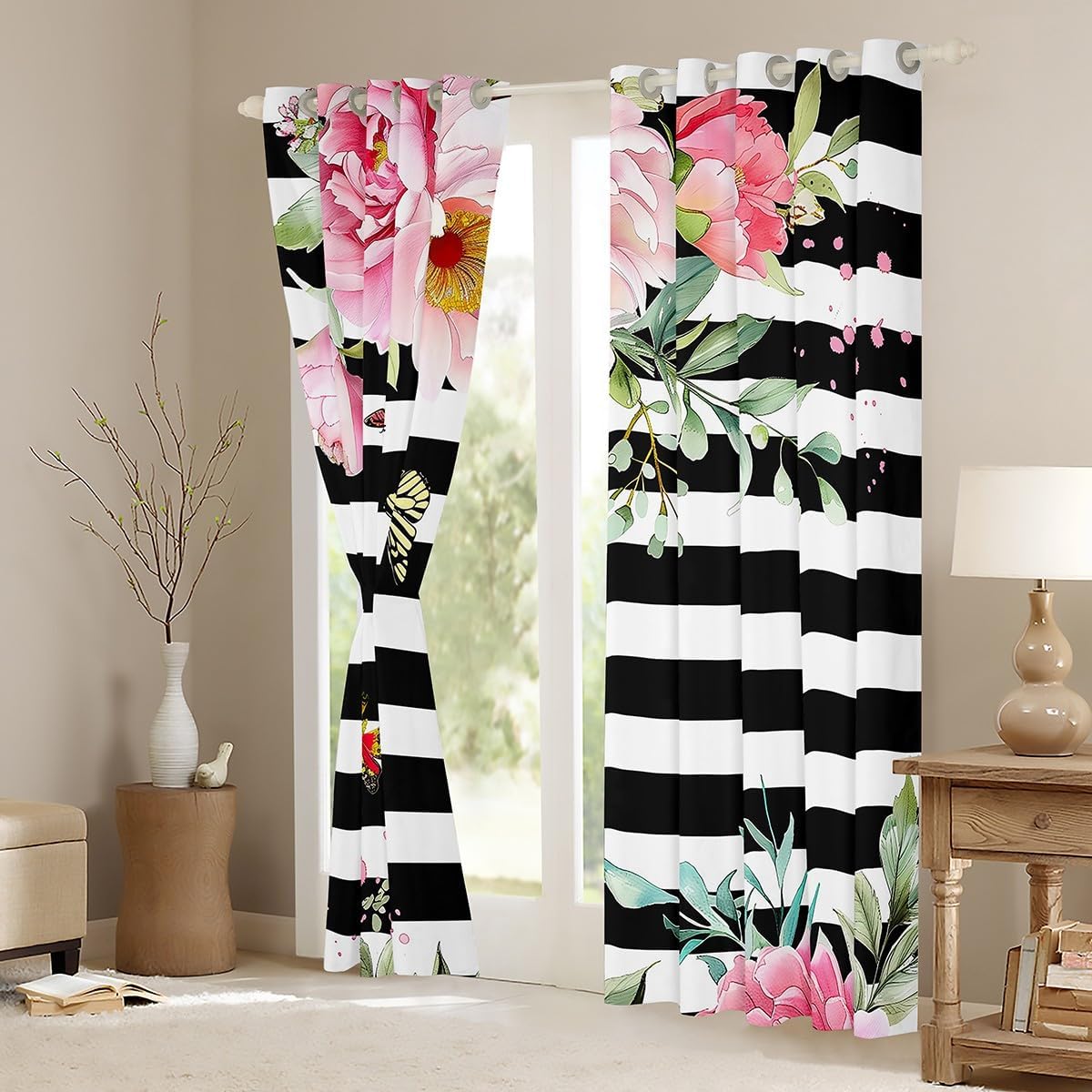 Pink Floral Blackout Curtains,Black and White Stripes Curtains,Teens Girls Pink and Black Window Curtains,Rose with Butterfly and Leaves Curtains & Drapes Stylish Fresh Flowers Window Treatments