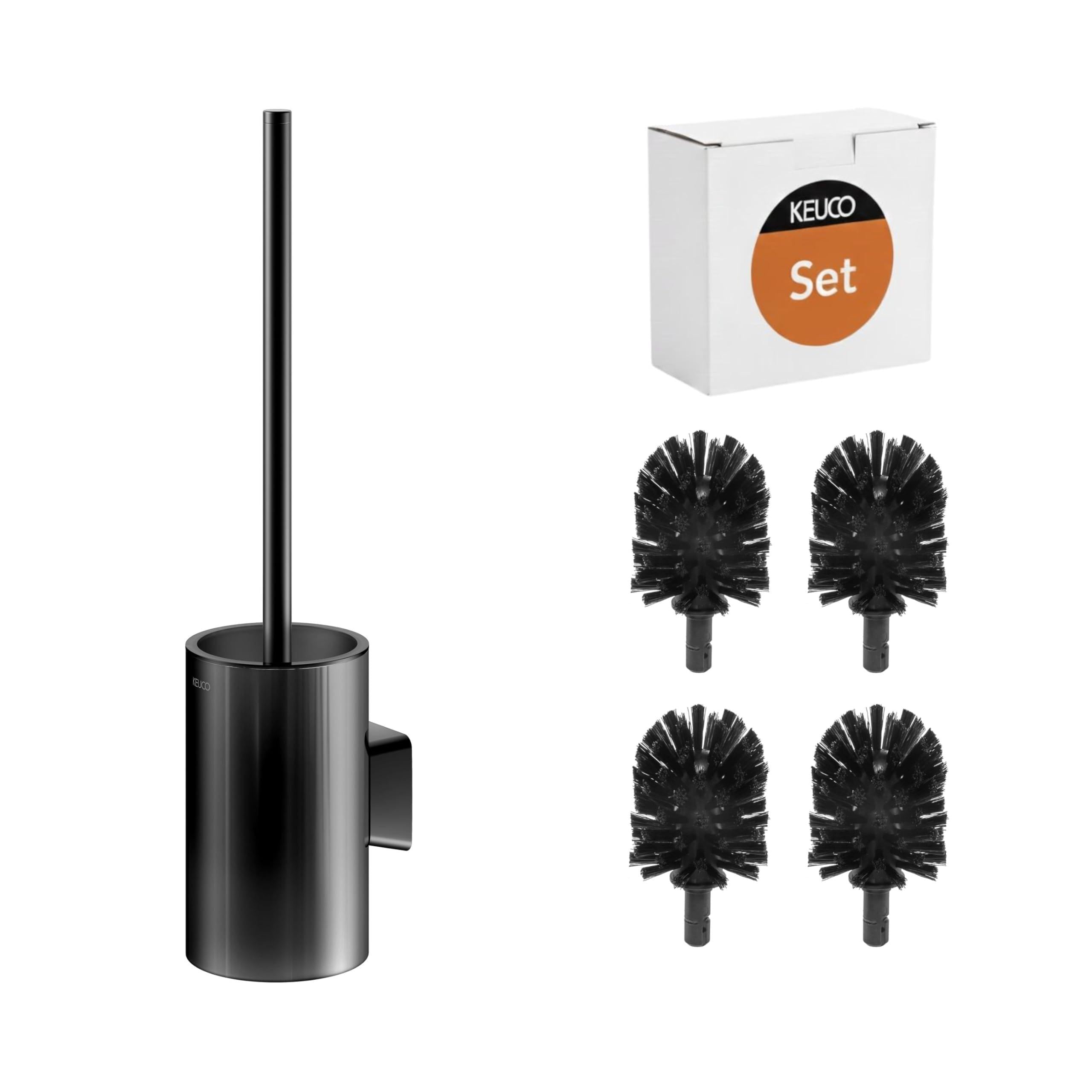 KEUCO Rose Set aus Bürstengarnitur & 4 Bürstenköpfen, ohne Bohren, schwarz | Bürstengarnitur mit Glasgehäuse und Bürste, Ersatzköpfe schwarz, inkl. Klebeset und Schraubset, Bürstenhalter mit Klobürste