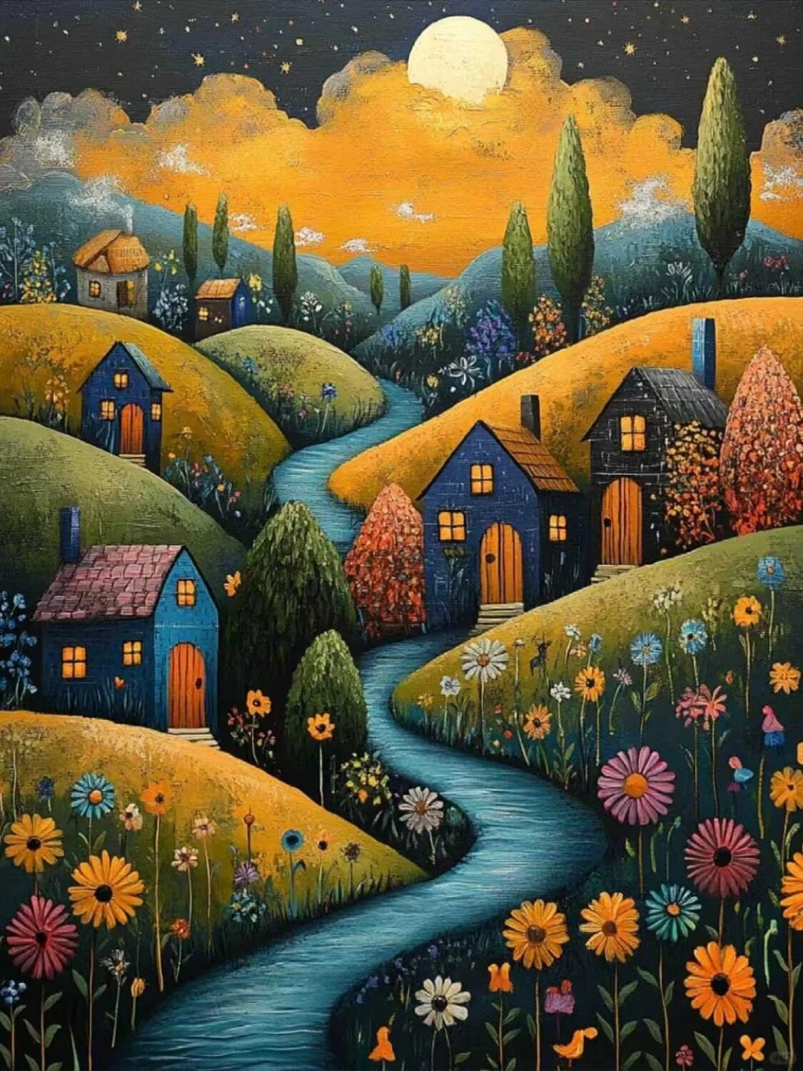Rqwybcaxn Seed Bead Embroidery Kits Starry Sky and Town 40x50cm