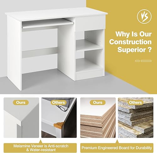 Miniatura 6 de GOFLAME Escritorio de oficina en casa con cajón, escritorio de computadora de almacenamiento de madera con bandeja para teclado y estantes