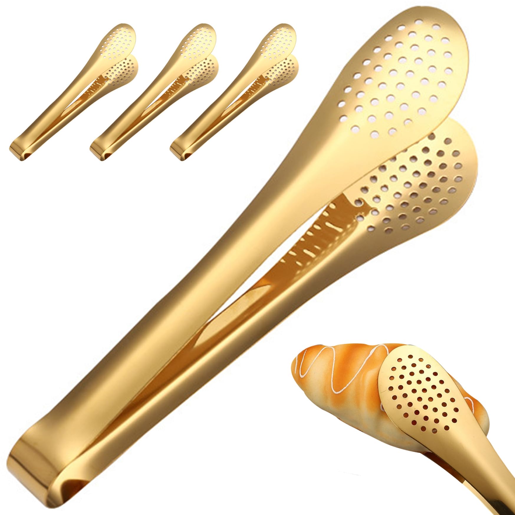 Servierzange 4pcs Hitzebeständiges poliertes goldenes Edelstahlzangen mit Löchern für Sald, Brot, Buffet, Kochen