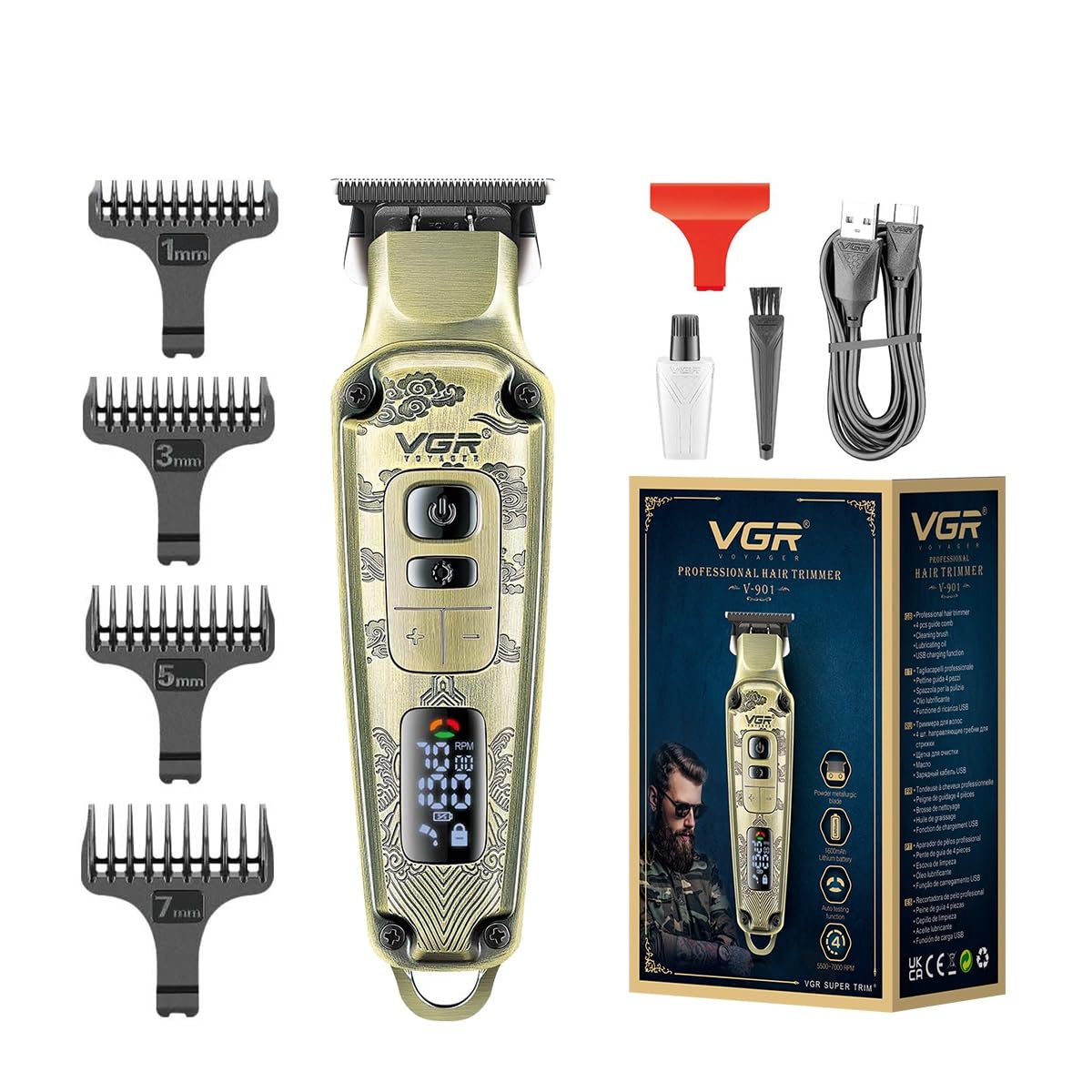 VGR Premium Metal Housing Hair Clipper LED Display, powder metallurgic Blade 5500-7000 RPM 4 Speed motor auto testing button USB charging 4 adjustable Taper Lever 4 Guide combs Runtime 240 min, V-901