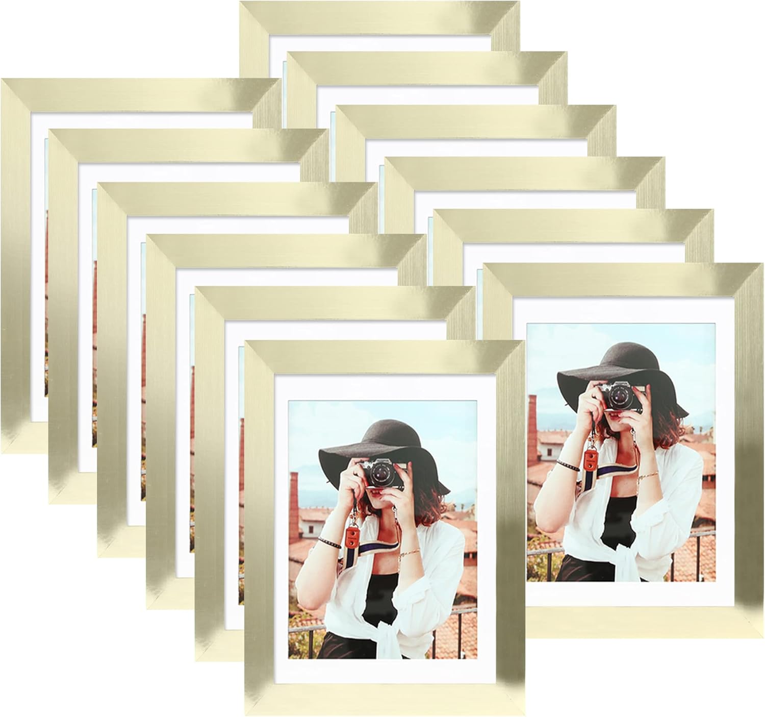 Picrit 5x7 Picture Frame Set of 12, Display 4x6 with Mat or 5x7 Without Mat, Photo Frames for Wall Mounting or Table Top Display, Gold. -