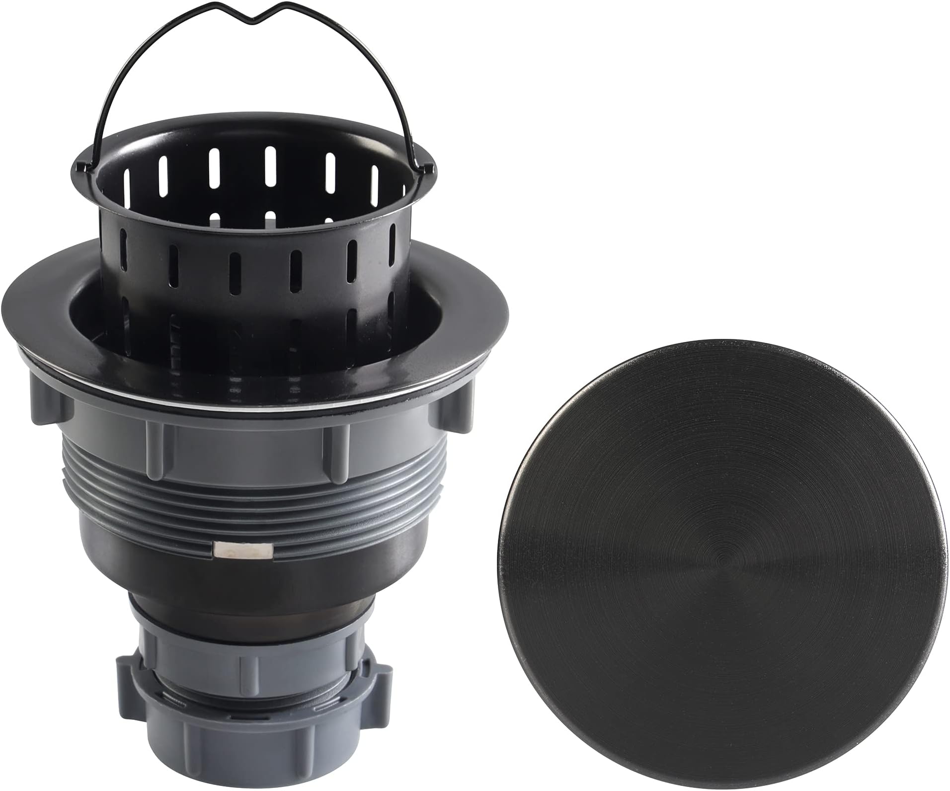 LQS Black Kitchen Sink Drain Strainer Assembly, Sink Drain Assembly with Removable Deep Sink Drain Basket and Decor Flat Cover Stopper Lid 3-1/2-inch, Sink Drain, Light Black