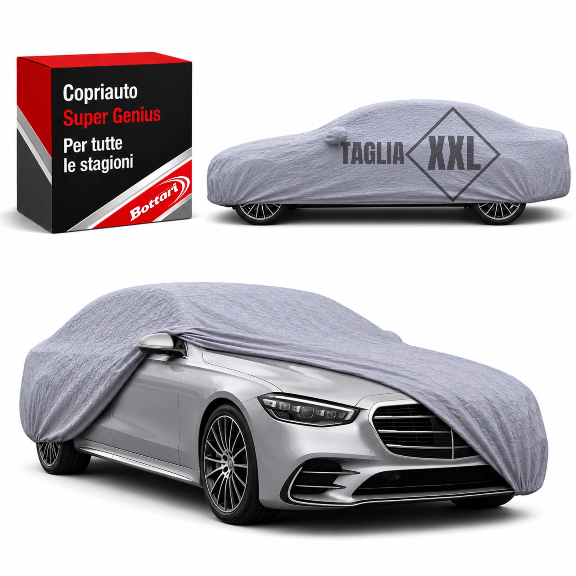 Bottari "SuperGenius" Copriauto Felpato 4 Stagioni in PVC Impermeabile – Telo Auto con Interno in Cotone e Polipropilene Antigraffio, Imbottito e con Cinghie di Fissaggio – Taglia XXL