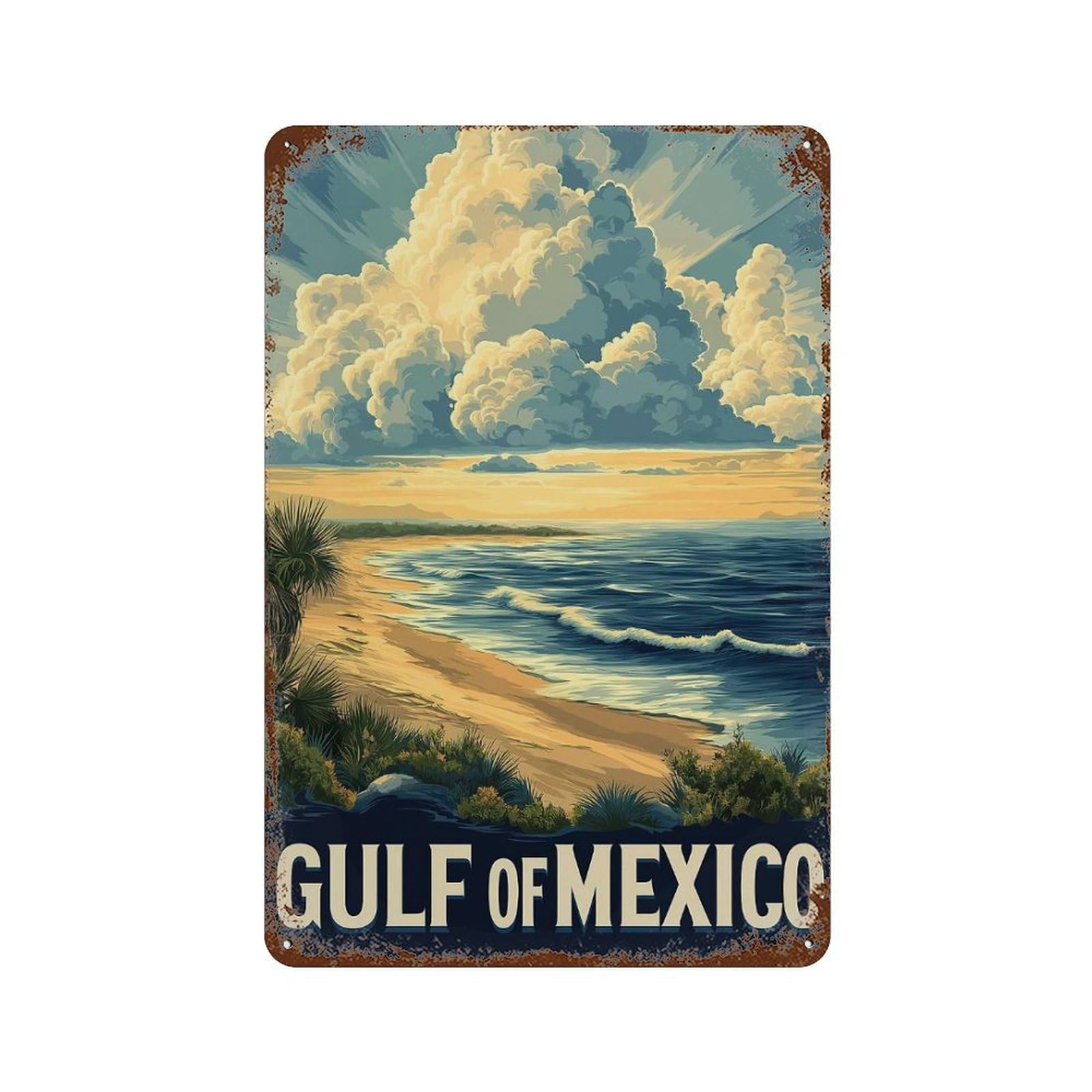 Rust Effect Gulf of Mexico Beach Scene Aged Metal Wall Plaque 11.8"x7.9", Shabby Chic Decor for Living Room, Hallway And Home Decor