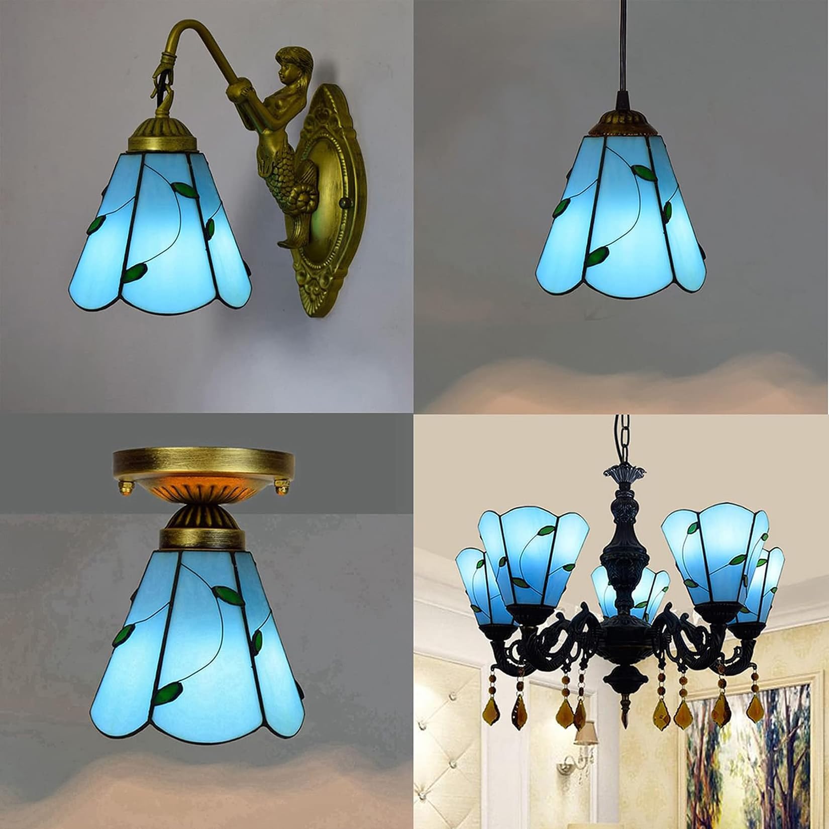 Sostituzione Paralume in Stile Tiffany da 6 Pollici, Paralume in Vetro colorato con Foglie Verdi Solo per lampade da Tavolo, lampade a Sospensione, Applique, Blu, Foro Grande
