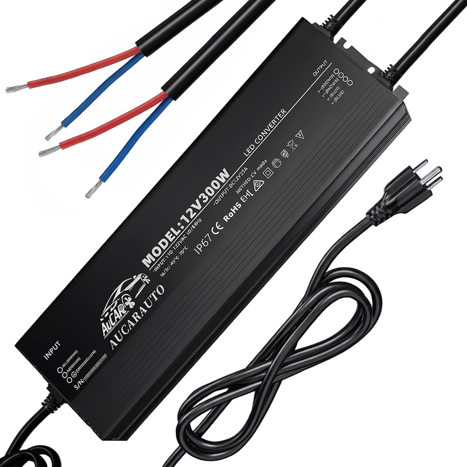 300 Watts LED Driver 5.91FT IP67 Waterproof Power Supply 110V-264V AC to 12V DC Low Voltage Transformer Adapter with 3 Pin Plug for Indoor and Outdoor Lights, Computer Project