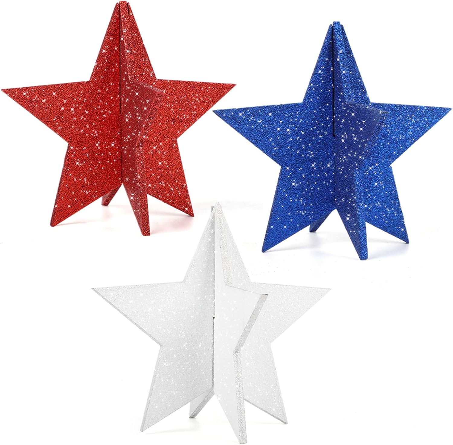 COCHIE 6 Inch Labor Day Decorations Wooden Stars Set, 3D Glitter Star Memorial Day Tiered Tray Decor, 4th of July Red White Blue Patriotic Decoration for Home Table Desk Door Shelf (Solid, 3 Pcs)