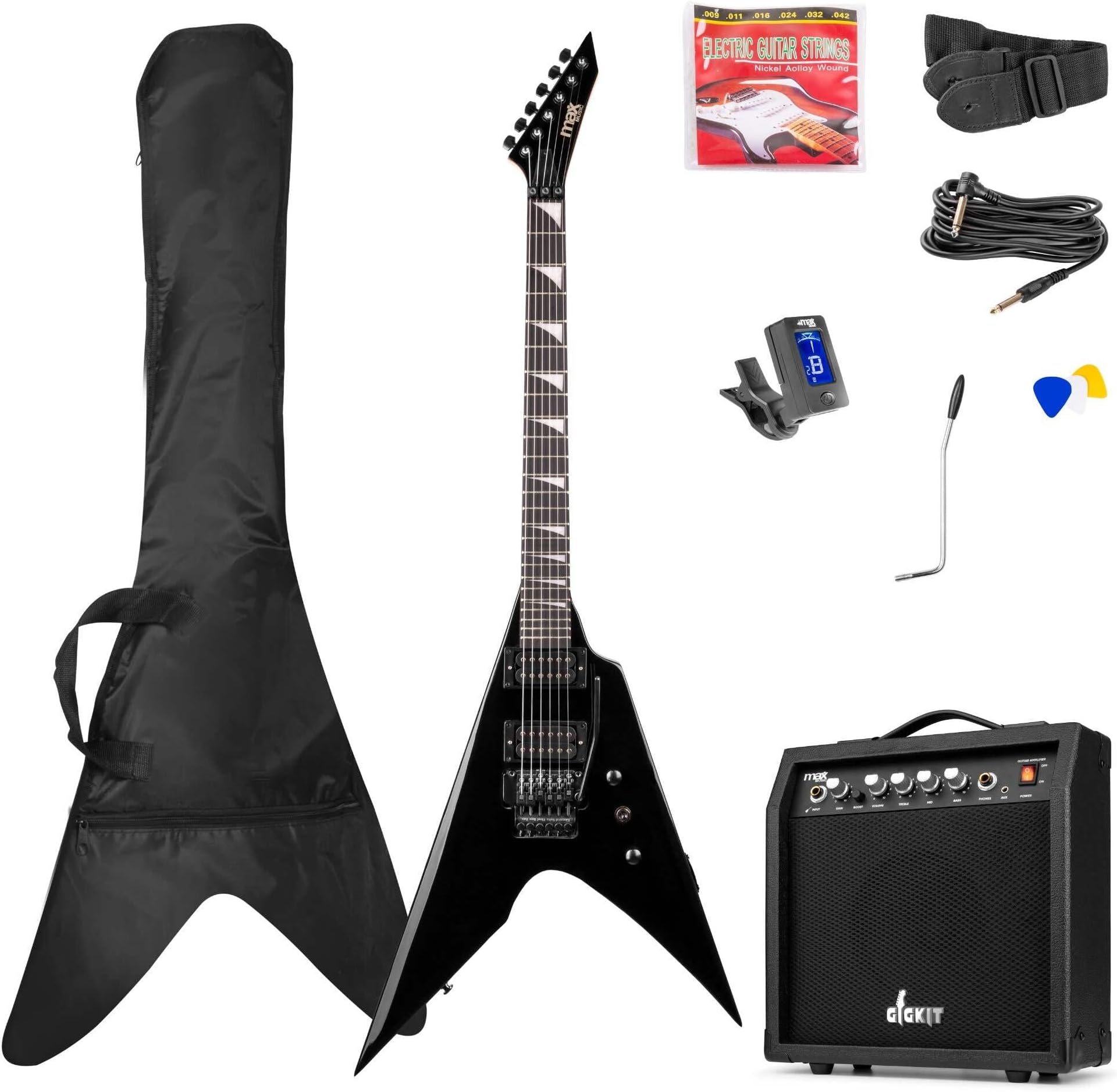 – V-Style Beginner Electric Guitar Starter Kit - Complete Electric Guitar Pack with Amplifier, Strap, and Case - Perfect for Beginners - Black V Guitar with 6 Months Lessons
