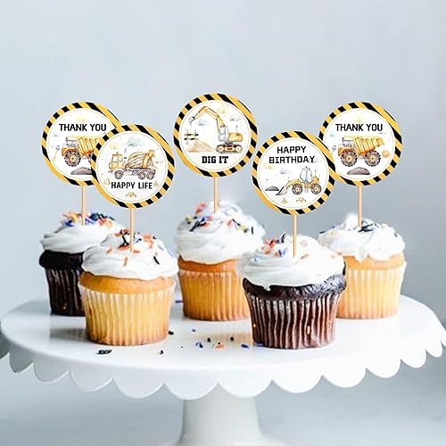 Miniatura 5 de Ercadio Paquete de 24 adornos de construcción para cupcakes, camión volquete, excavadora, tractor, cupcakes, decoración de pasteles de feliz