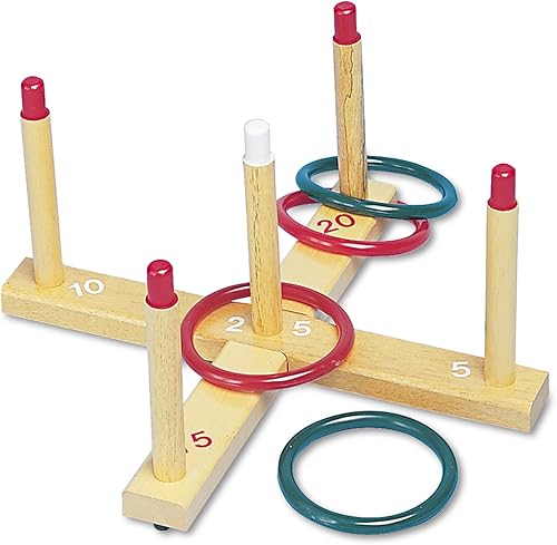 Juego anillos para lanzar de madera Champion Sports (incluye base de madera, 5 clavijas de madera, 4 anillos) , -