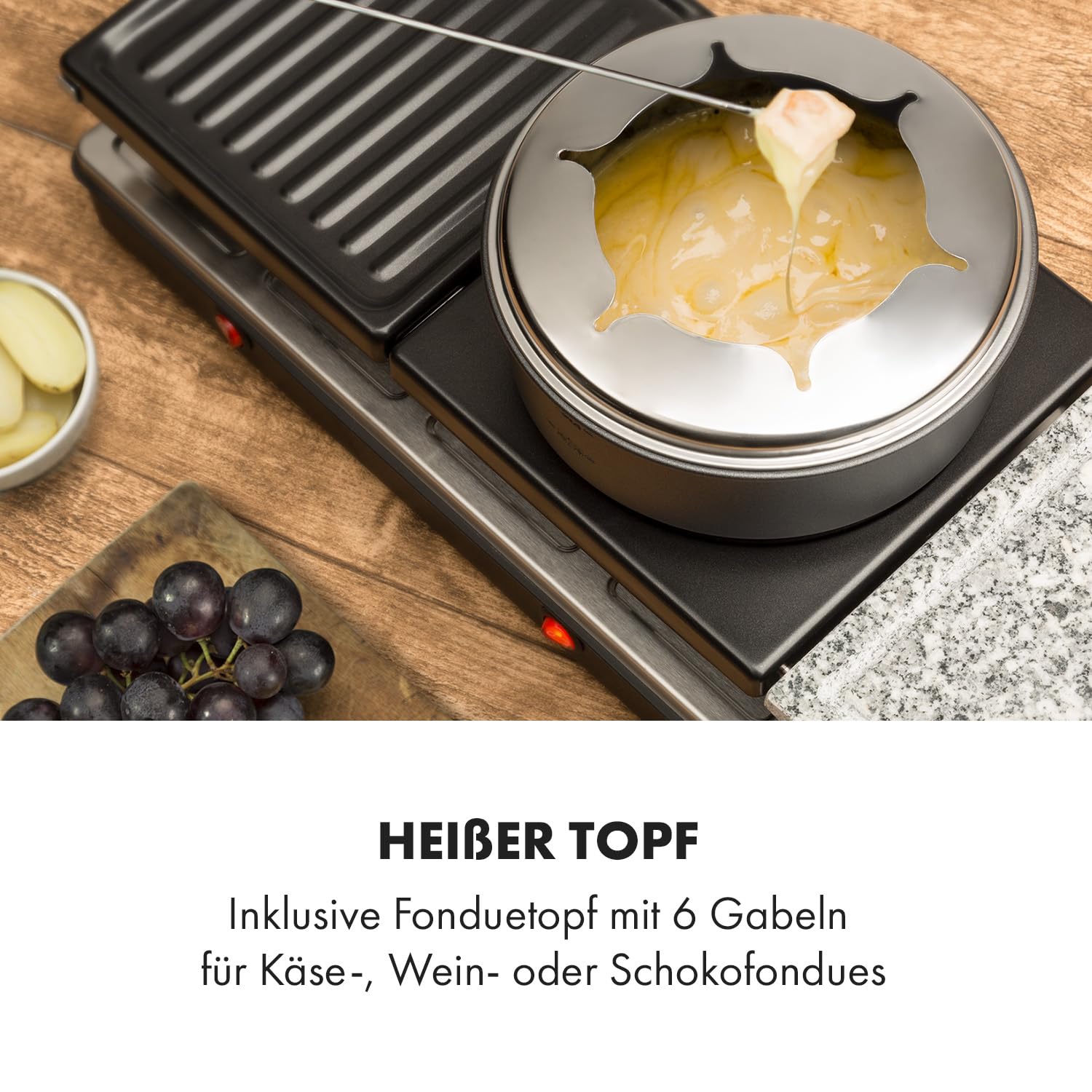 Klarstein Fonduelette XL - 3-in-1 Raclette-Grill & Fondue, 1650 Watt: Metall- /Naturstein-/Crêpesplatte, 3 separate Edelstahl-Heizelemente, bis 12 Personen, Antihaftbeschichtung, schwarz