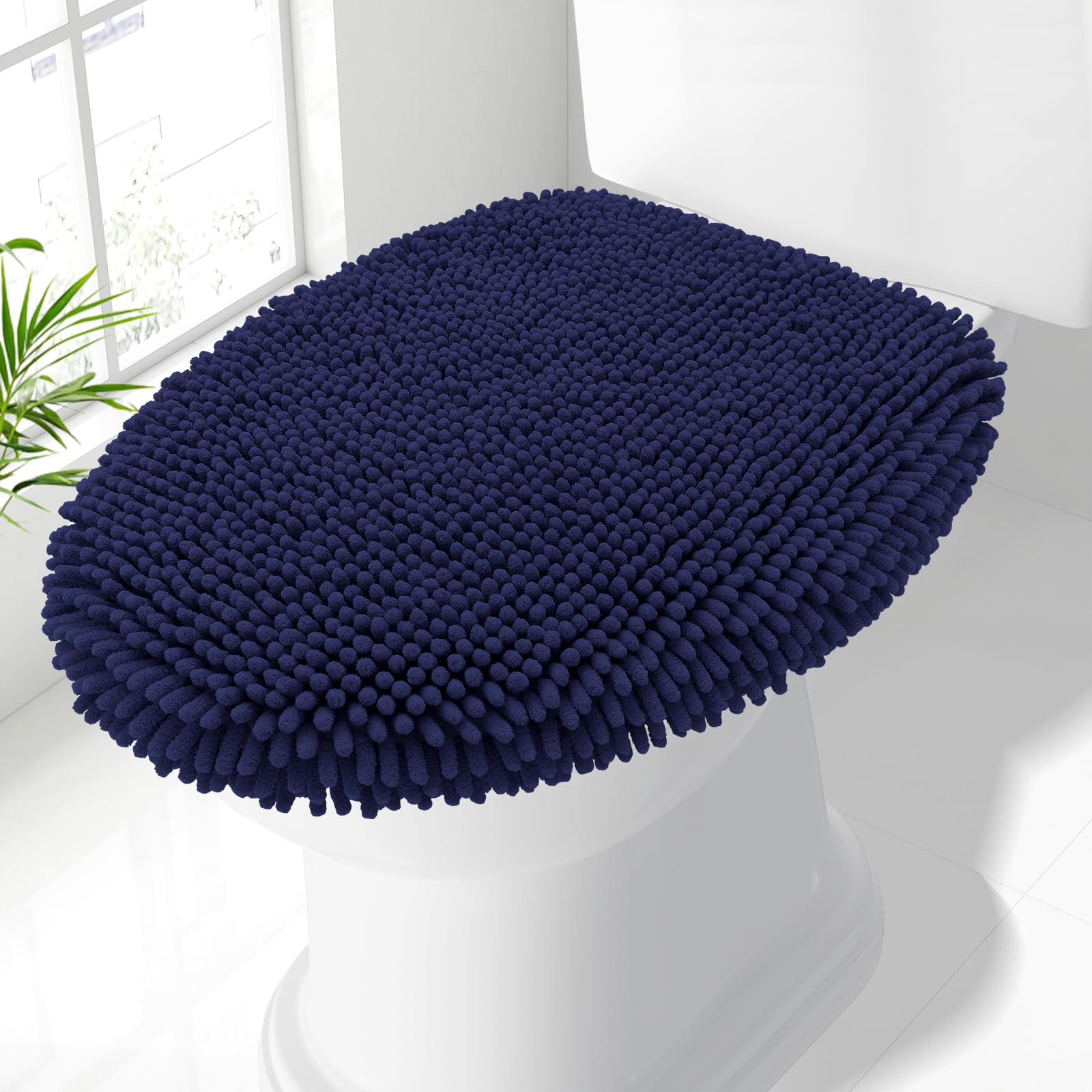 Smiry Soft Chenille Bathroom Toilet Lid Cover 17.5x15, Navy Blue