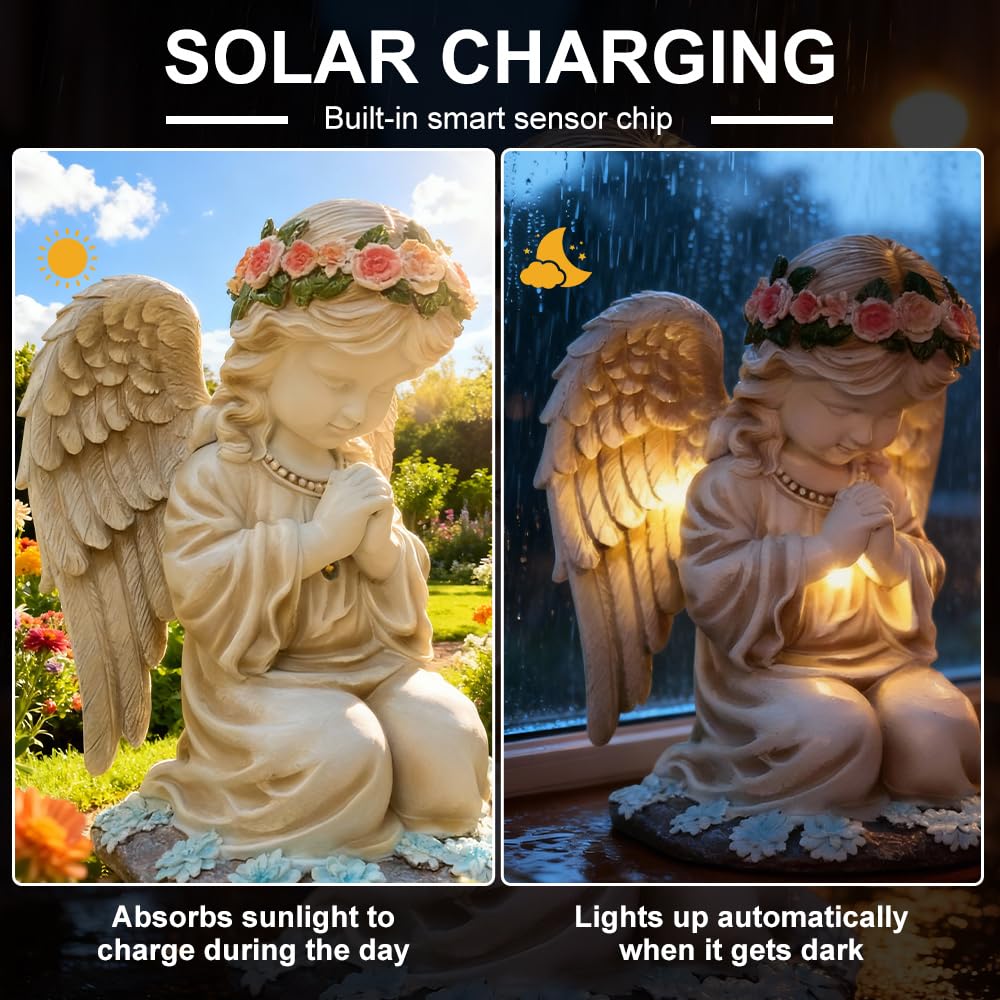 Statue du Jardin des Anges, Lumière Solaire d'ange Priant, Sculpture Ange Gardien avec Lampe LED Solaire, Auto-on, Résistant Aux Intempéries pour Patio, Porche, Cour, Balcon, Cimetière, Tombe - 5