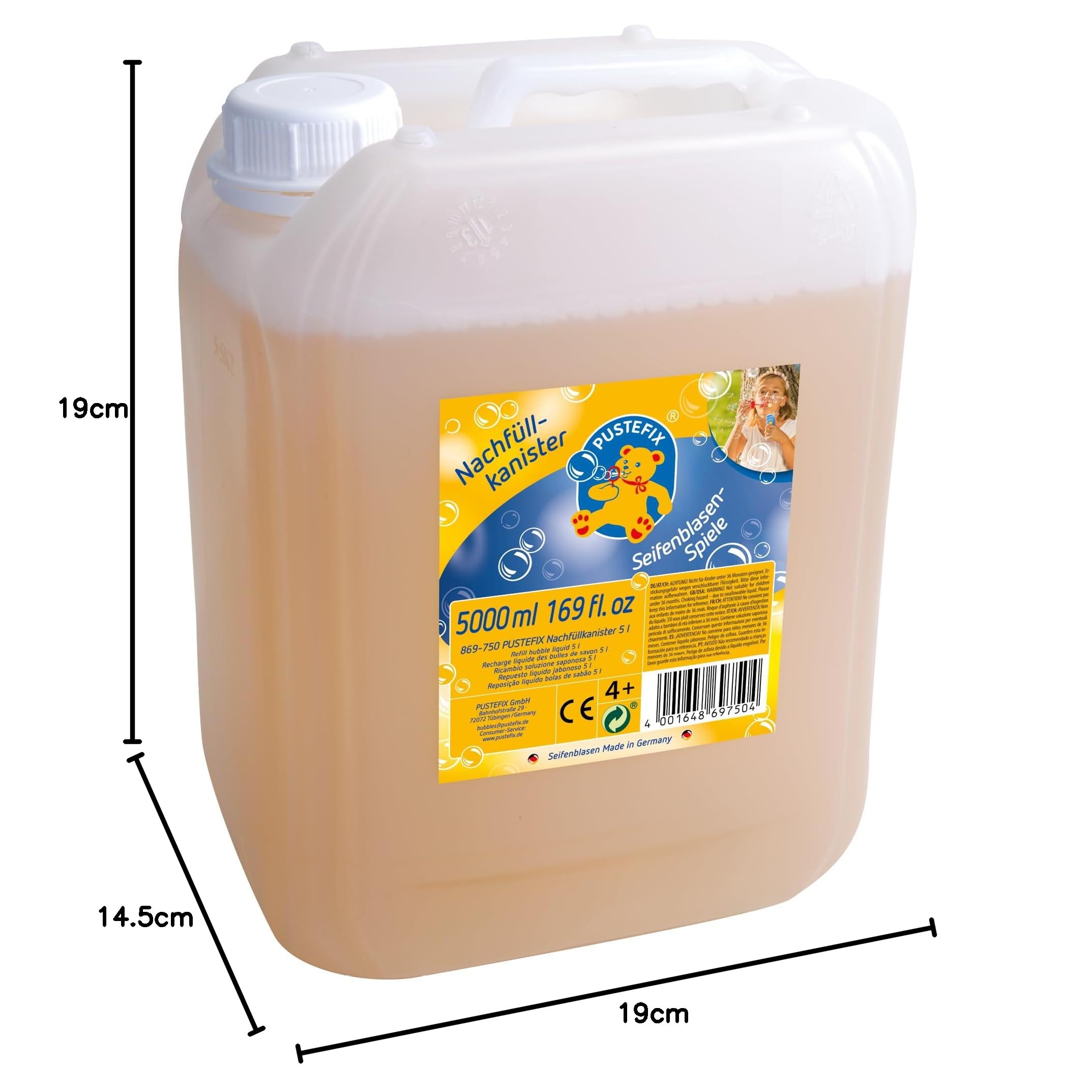 Pustefix 2050502 Nachfüllkanister I 5 l Seifenblasenflüssigkeit I Bunte Bubbles Made in Germany I Seifenblasen für Hochzeit, Kindergeburtstag, Sommerfest I Bunte Seifenblasen für Kinder & Erwachsene