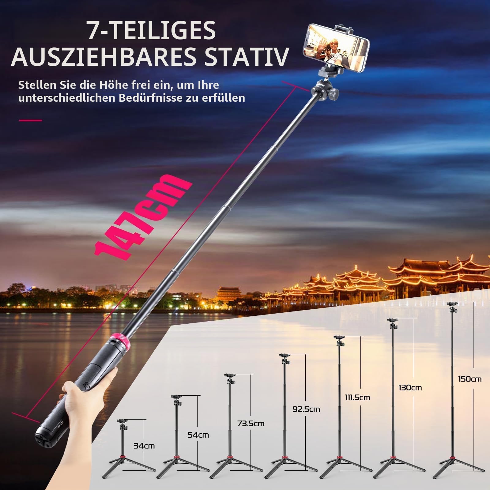 ULANZI MT-44 Handy Kamera Stativ 147cm 2in1 Selfie Stick Fernbedienung, 360° Kugelkopf, Cold Shoe Handyhalterung, 1/4" Gewinde Kompakt Reisestativ Dreibein Tripod für DSLR-Kameras Canon Samsung iPhone