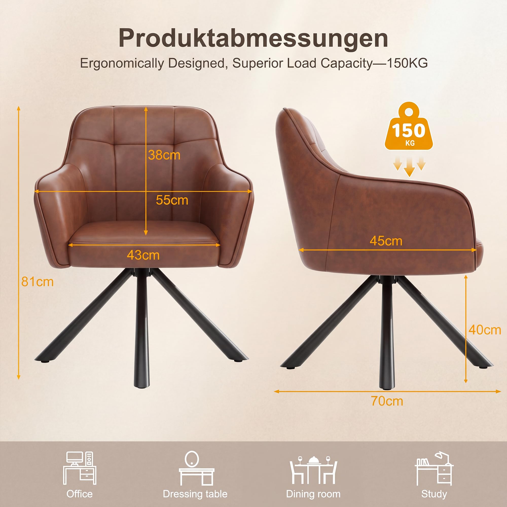 YOUDENOVA Esszimmerstühle 2er Set, 360° Drehbar mit Armlehnen, Cognac Braun