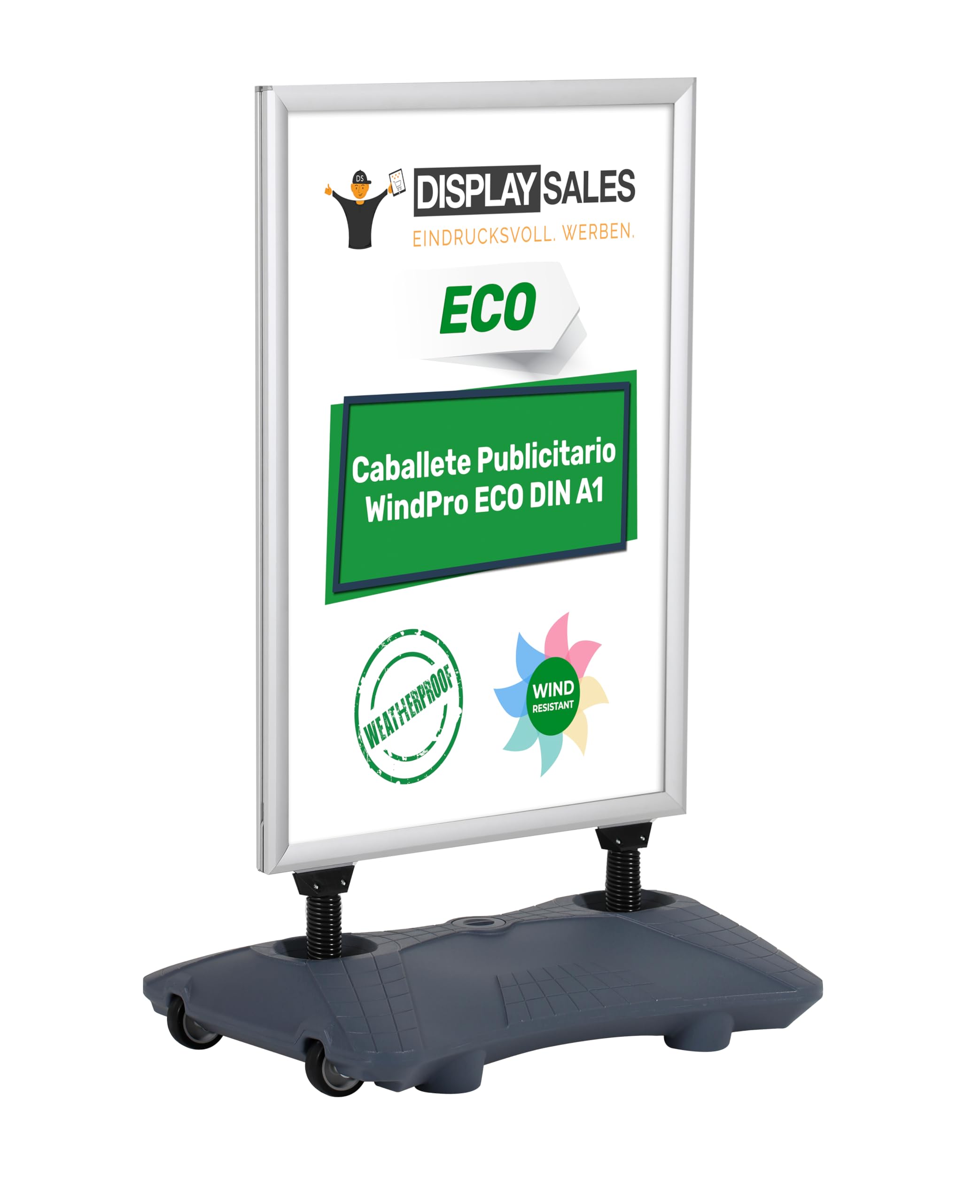 Caballete publicidad exterior WindPro® ECO | Caballete publicitario OUTDOOR en formato DIN A1 | Soporte para cartel A1 en plata | Panel publicitario de doble cara para 2 carteles