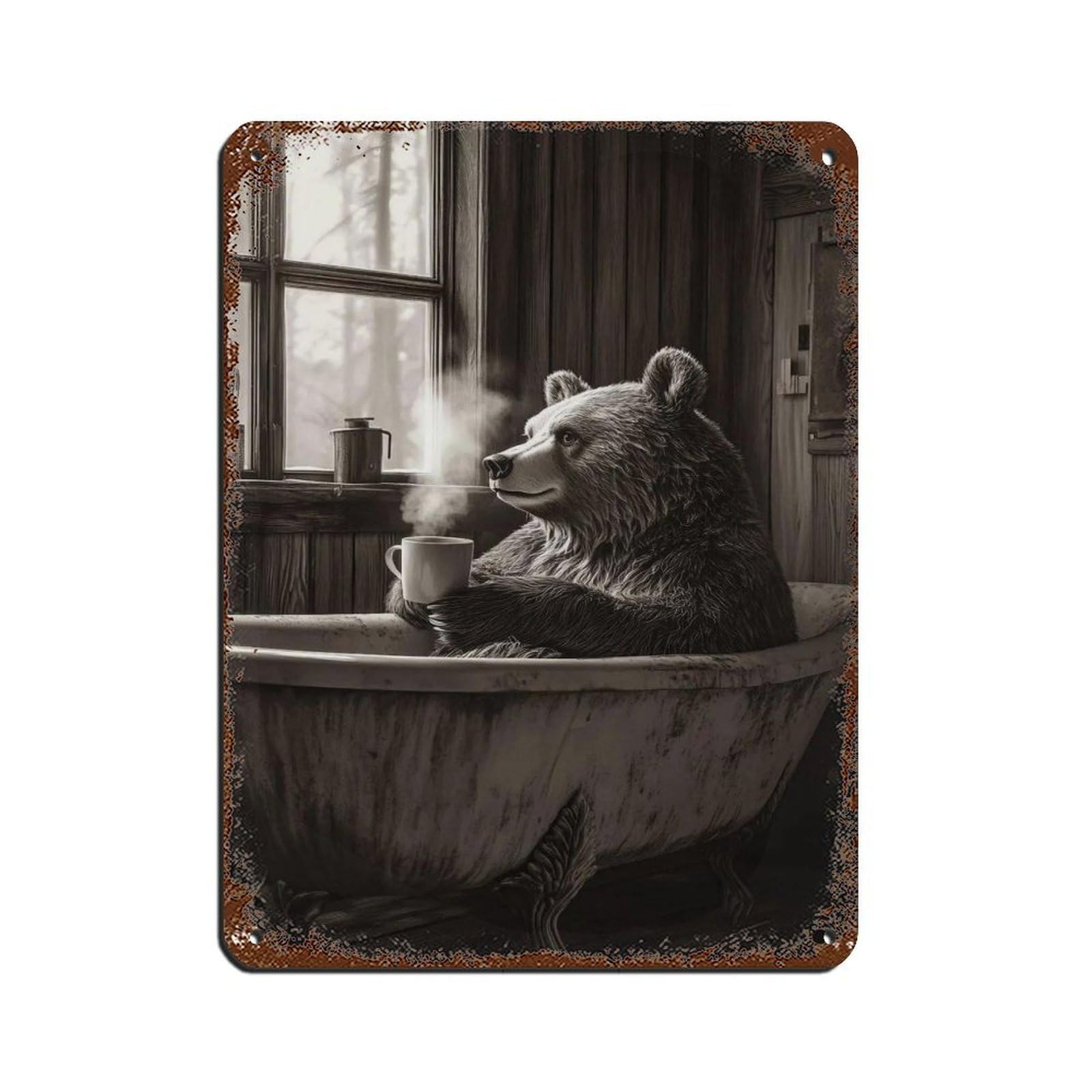 Whimsical Bear Sipping Coffee Tin Sign Vintage Metal Pub Club Cafe Bar Home Wall Art Decoration Poster Retro 12x16inch(30x40cm)