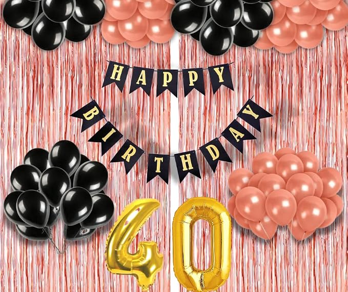 40th Birthday Decoration items for Girls with Black and Rose Gold Balloons, Black Happy Birthday Banner, Rose Gold Foil Curtain, Foil Balloon number 40