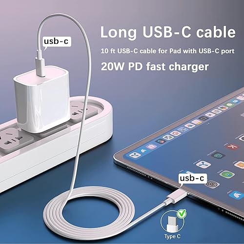 Miniatura 7 de Cargador para iPad Pro de carga rápida de 10 pies para iPad Pro de 12.911 pulgadas, bloque PD de 20 W con cable USB C a C de 10 pies para iPad Pro