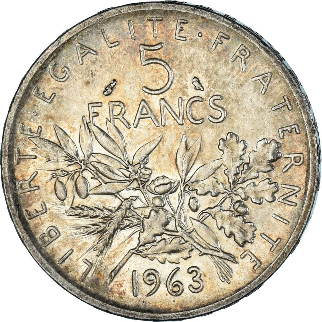 1959-1969 5 Franc Fifth French Republic Silver Coin I With Marianne "Sower" French Walking Liberty Design And "Liberte, Egalite, Fraternite" National Values I Monetized by The French Government