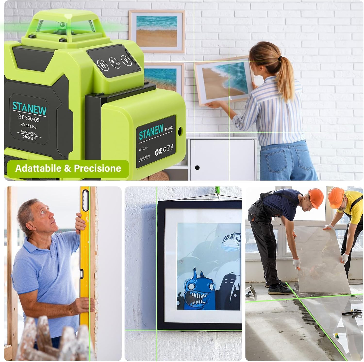 STANEW Livello Laser Verde Autolivellante 16 Linee 4×360° 4D, per Costruzioni e Ristrutturazioni (Kit livella laser)