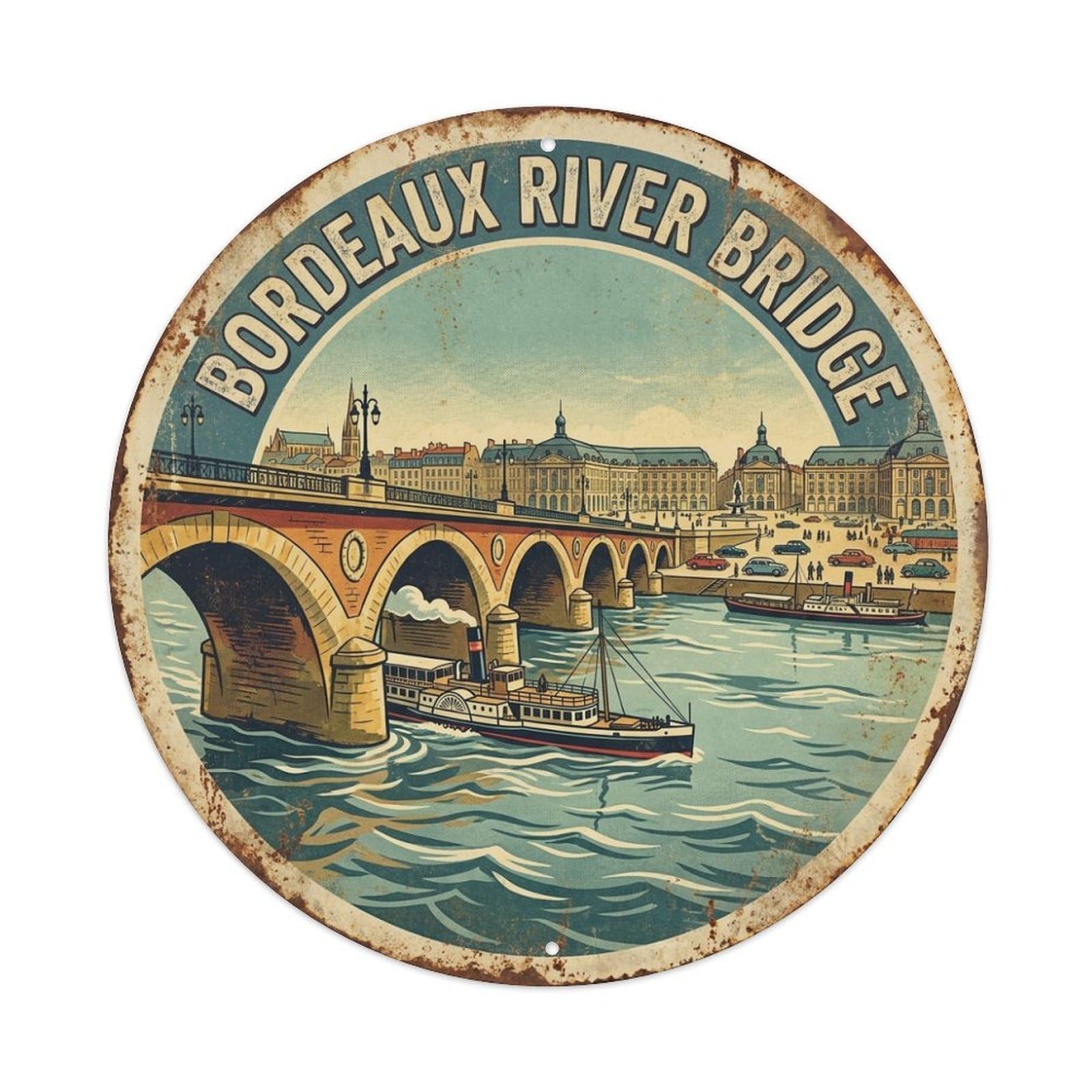River Bridge Vintage Travel Bordeaux France Metal Tin Sign