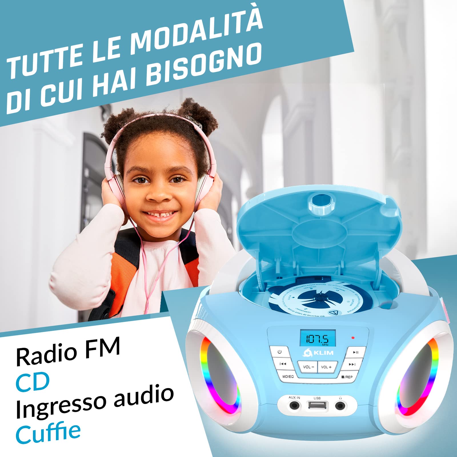 KLIM Candy Stereo per bambino NUOVO + Radio FM + Batterie incluse + Lettore CD Blu con altoparlanti e Radio + Regalo Perfetto