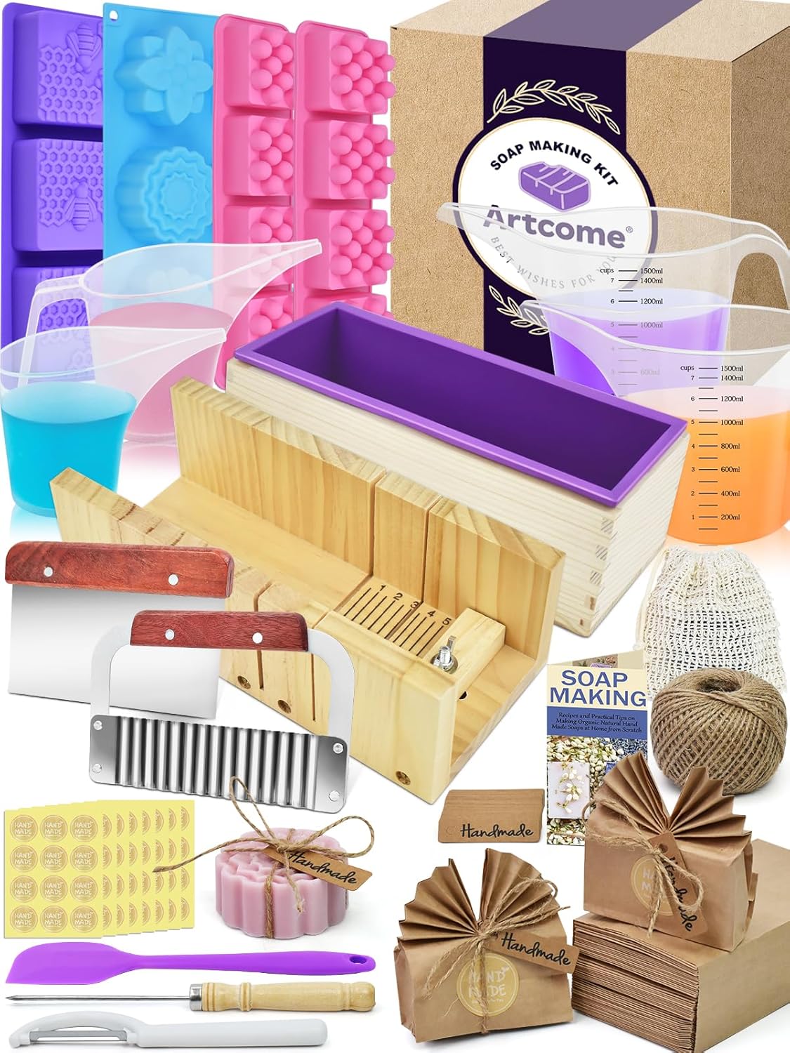 Artcome DIY Soap Making Kit with Rectangular Loaf Mold, Adjustable Wooden Cutter, Funnel Pitchers, Measuring Cups, Silicone Molds & 100 Paper Bags for Adults & Kids Craft - Ideal Gift for Occasions