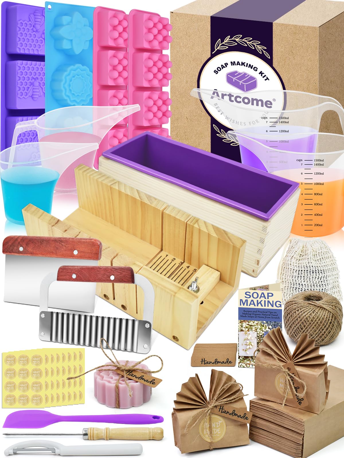 Artcome DIY Soap Making Kit with Rectangular Loaf Mold, Adjustable Wooden Cutter, Funnel Pitchers, Measuring Cups, Silicone Molds & 100 Paper Bags for Adults & Kids Craft - Ideal Gift for Occasions-image-45