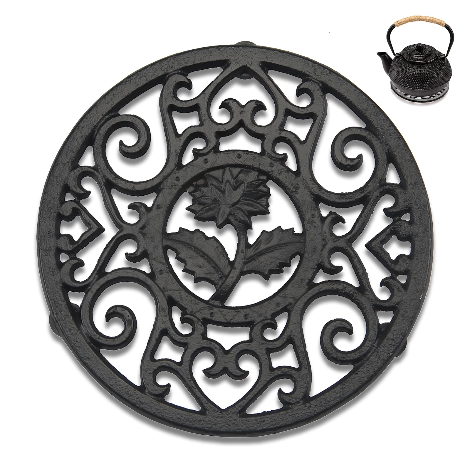 Chungg Black Cast Iron Trivet For Teapot Stand, Trivets For Kitchen Worktops And Hot Pans, Multi Use Insulated Mat, Anti Slip Retro Style