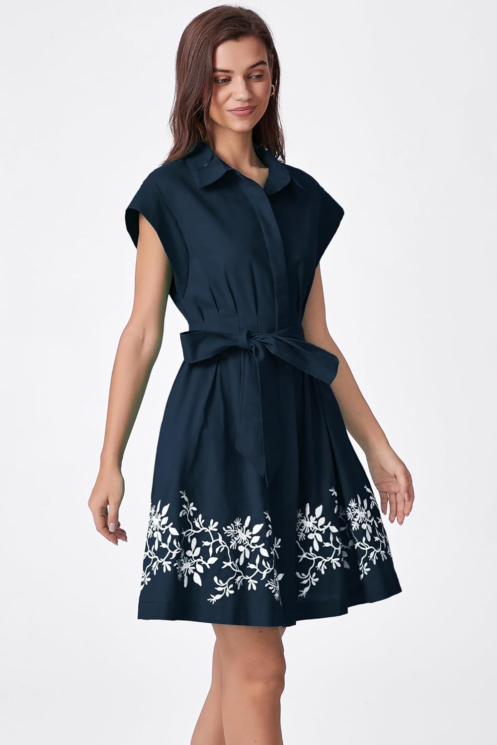 D-Sun Women Embroidery Shirt Dress Button Down Cotton Linen Short Sleeves Collared Belted Pleated Mini Dress with Pocket - Image 2