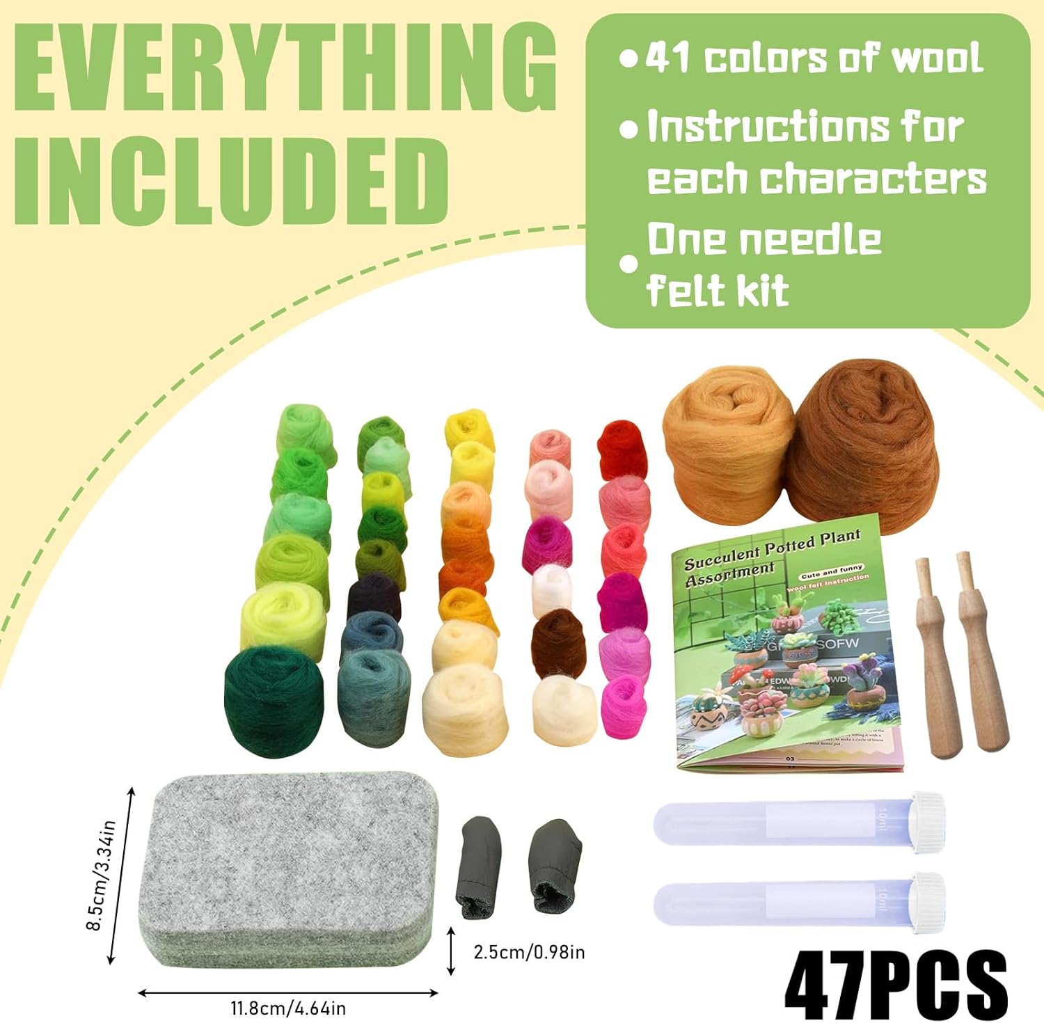 15 Pieces Succulent Plants Needle Felting Kit, Wool Felting Kit with Pad, Finger Cots, Needle, Wooden Felting Tool, Instruction, Needle Felt Start Kit Supplies for Beginners Adult DIY (15 Pieces)