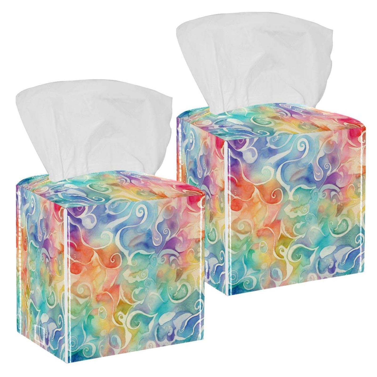 Flowing Swirls Tissue Box Cover, 2 Pack PU Leather Square Facial Tissue Dispenser Box holder for Home Office Car